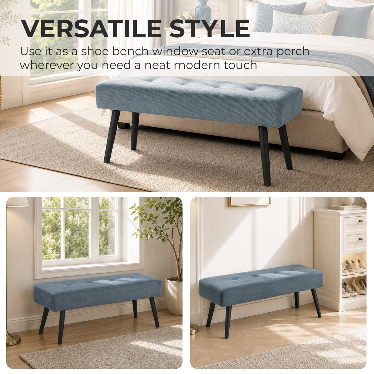 End of Bed Bench, Corduroy Bedroom Bench with Thick Padding and Steel Legs, Tufted Window Seat for Entryway, Living Room, Blue