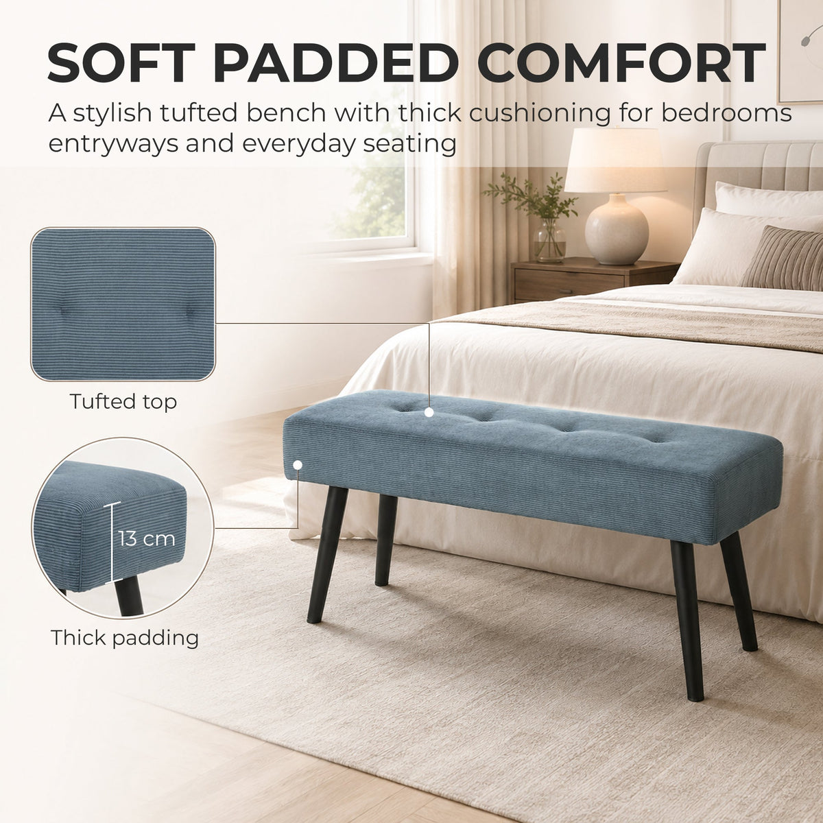 End of Bed Bench, Corduroy Bedroom Bench with Thick Padding and Steel Legs, Tufted Window Seat for Entryway, Living Room, Blue