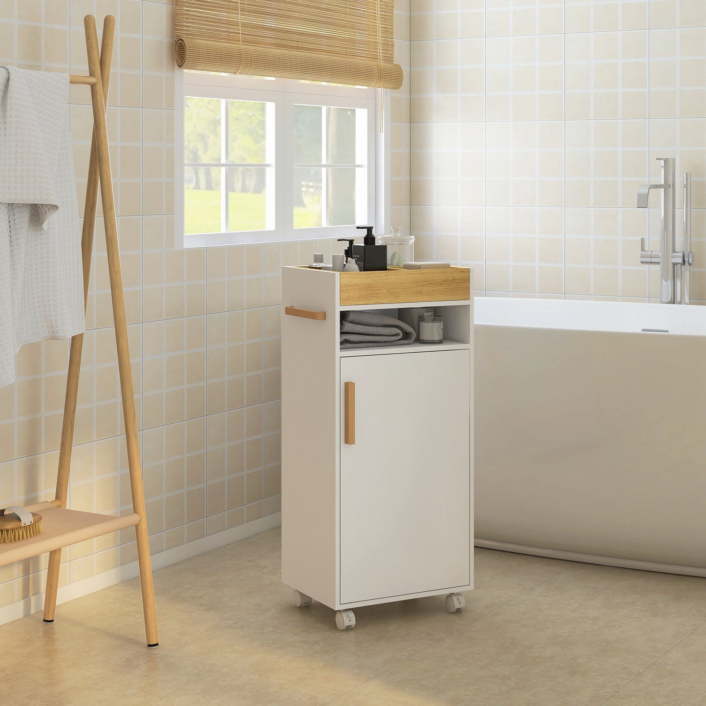 kleankin Bathroom Cabinet with Wheels, Bathroom Storage Cabinet with Cushioned Door, Removable Tray, Open Compartment and Adjustable Shelves for Washroom, White