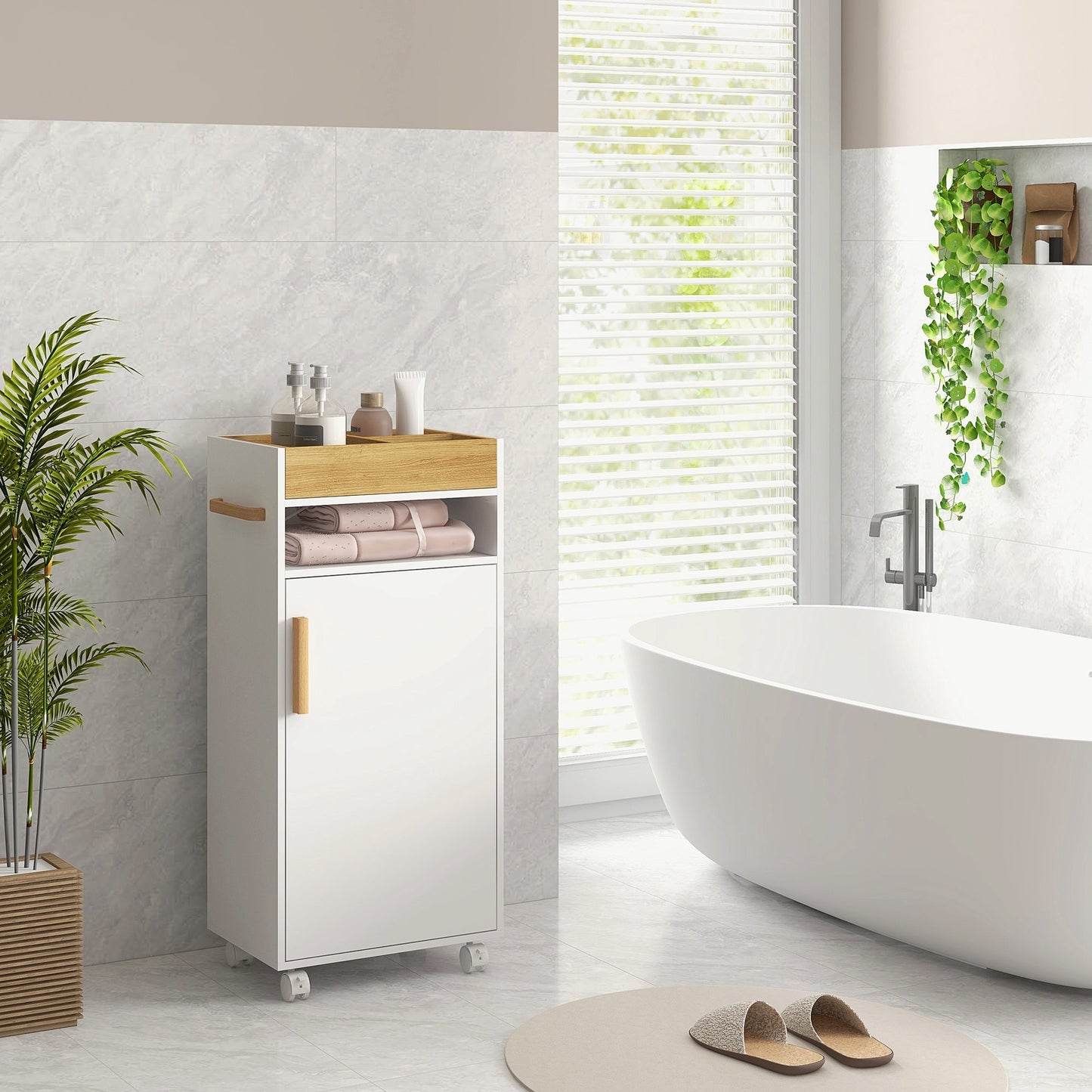 kleankin Bathroom Cabinet with Wheels, Bathroom Storage Cabinet with Cushioned Door, Removable Tray, Open Compartment and Adjustable Shelves for Washroom, White