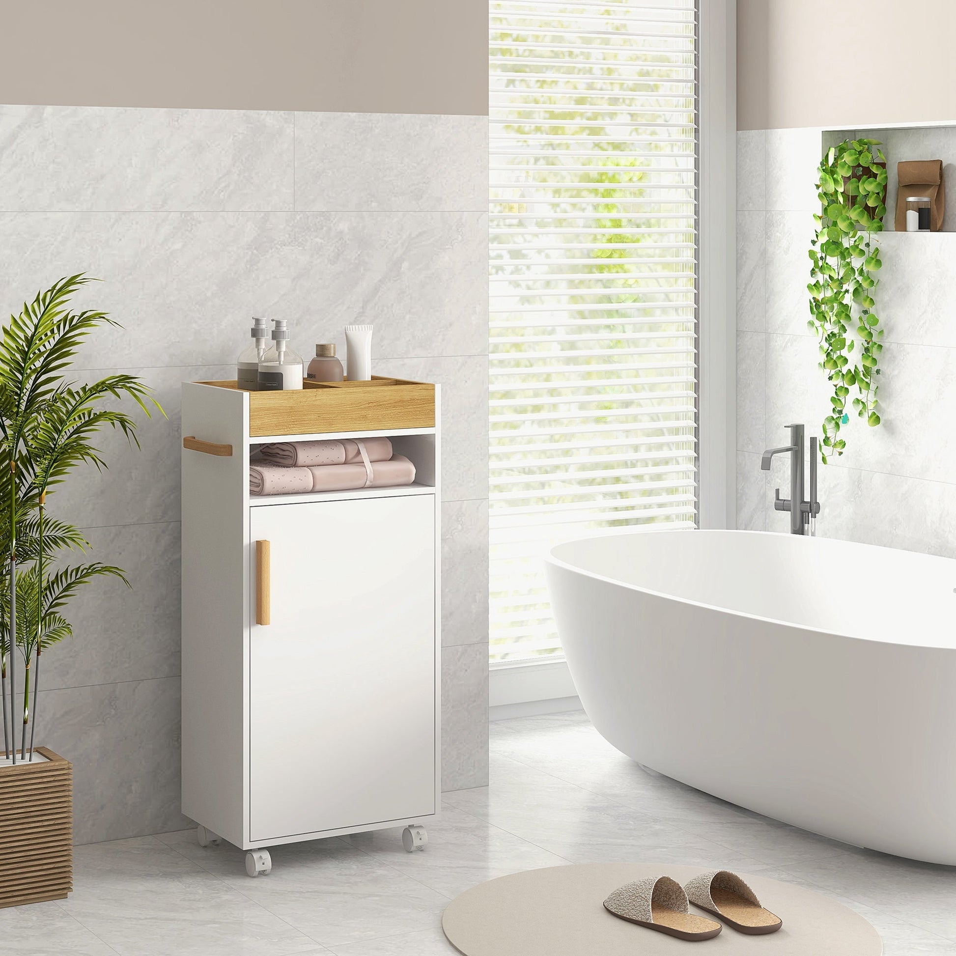 kleankin Bathroom Cabinet with Wheels, Bathroom Storage Cabinet with Cushioned Door, Removable Tray, Open Compartment and Adjustable Shelves for Washroom, White