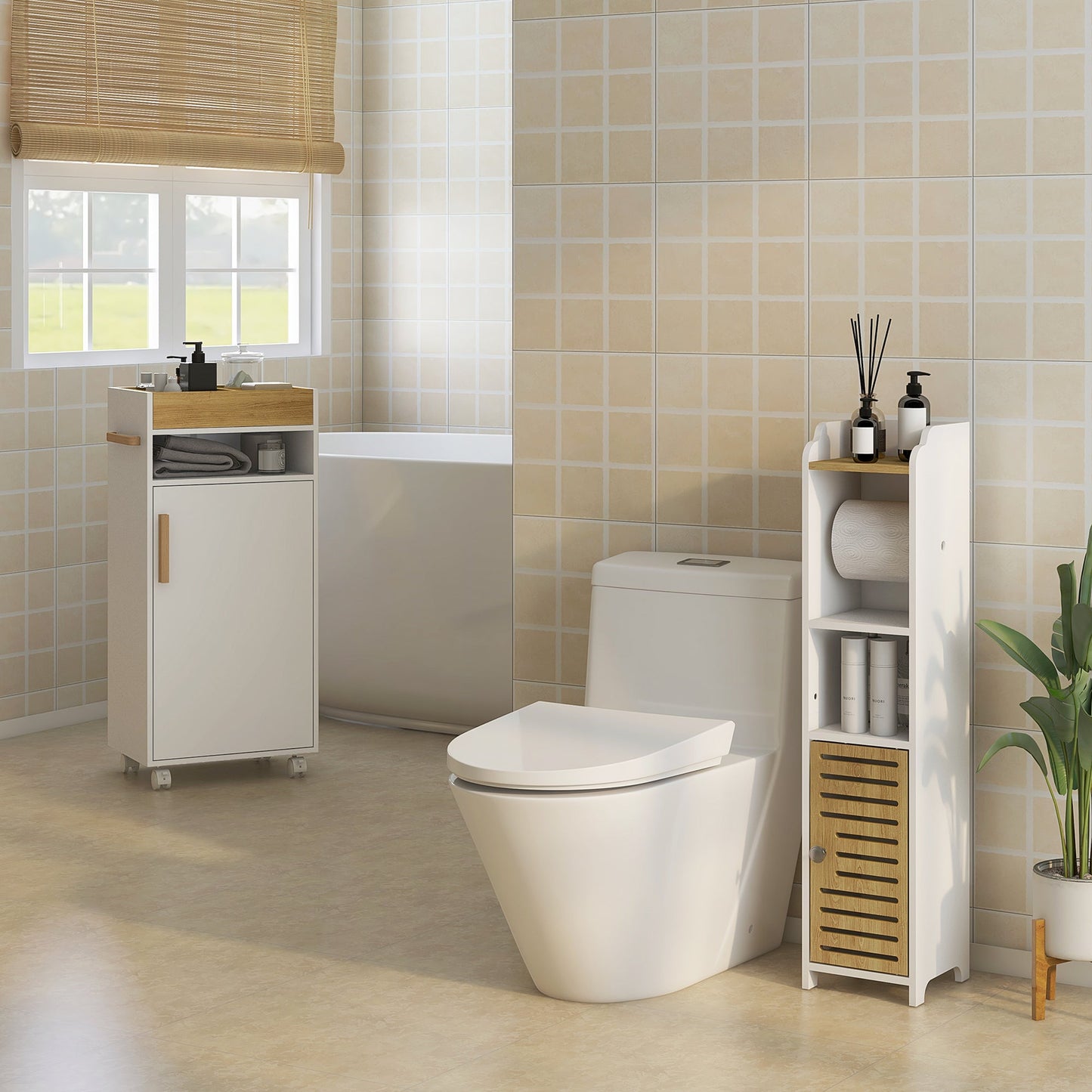 kleankin Bathroom Cabinet with Wheels, Bathroom Storage Cabinet with Cushioned Door, Removable Tray, Open Compartment and Adjustable Shelves for Washroom, White