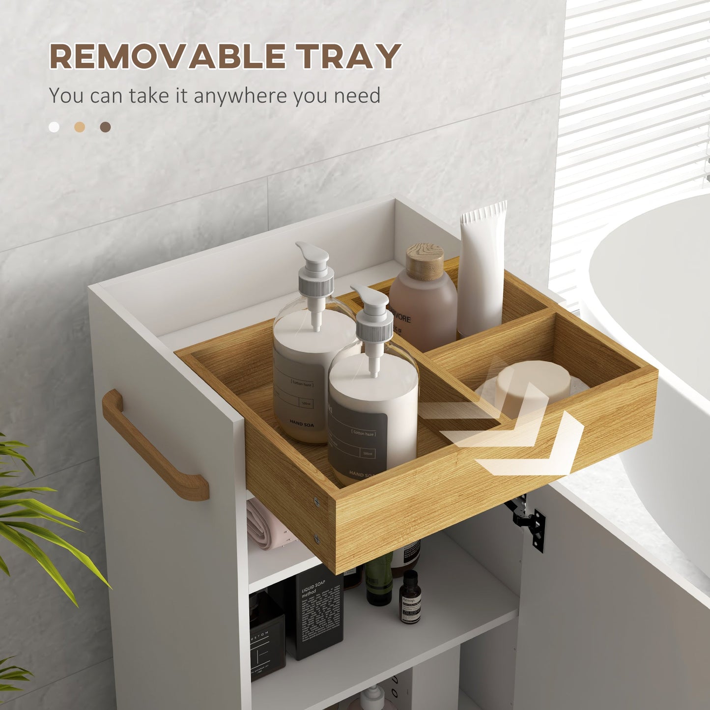 kleankin Bathroom Cabinet with Wheels, Bathroom Storage Cabinet with Cushioned Door, Removable Tray, Open Compartment and Adjustable Shelves for Washroom, White