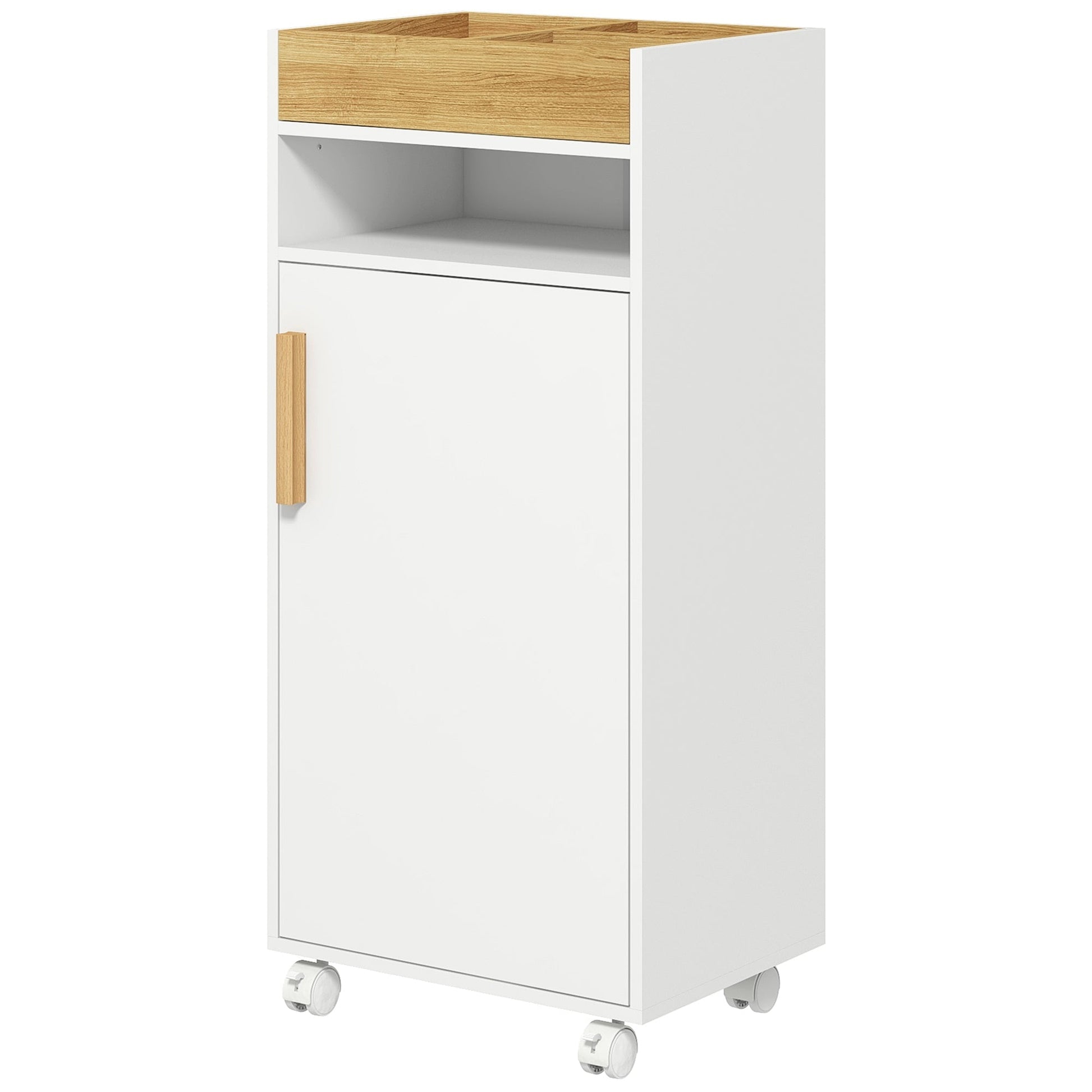 kleankin Bathroom Cabinet with Wheels, Bathroom Storage Cabinet with Cushioned Door, Removable Tray, Open Compartment and Adjustable Shelves for Washroom, White