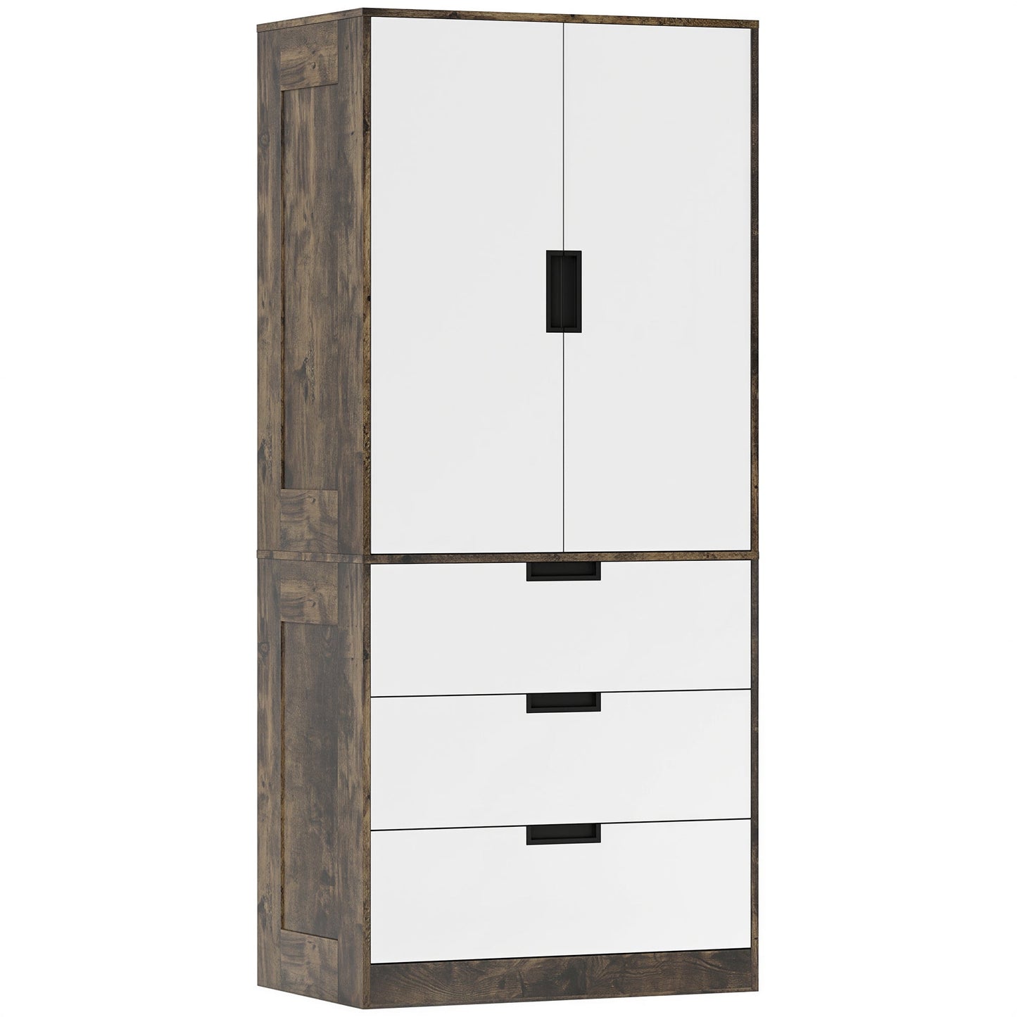 2 Door Wardrobe with 3 Drawers & Hanging Rail, Modern Clothes Storage Cupboard Unit, Bedroom Wardrobe with Soft Closing Hinge, 50D x 80W x 180Hcm, Rustic Brown