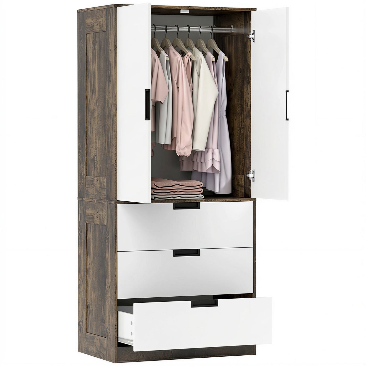 2 Door Wardrobe with 3 Drawers & Hanging Rail, Modern Clothes Storage Cupboard Unit, Bedroom Wardrobe with Soft Closing Hinge, 50D x 80W x 180Hcm, Rustic Brown