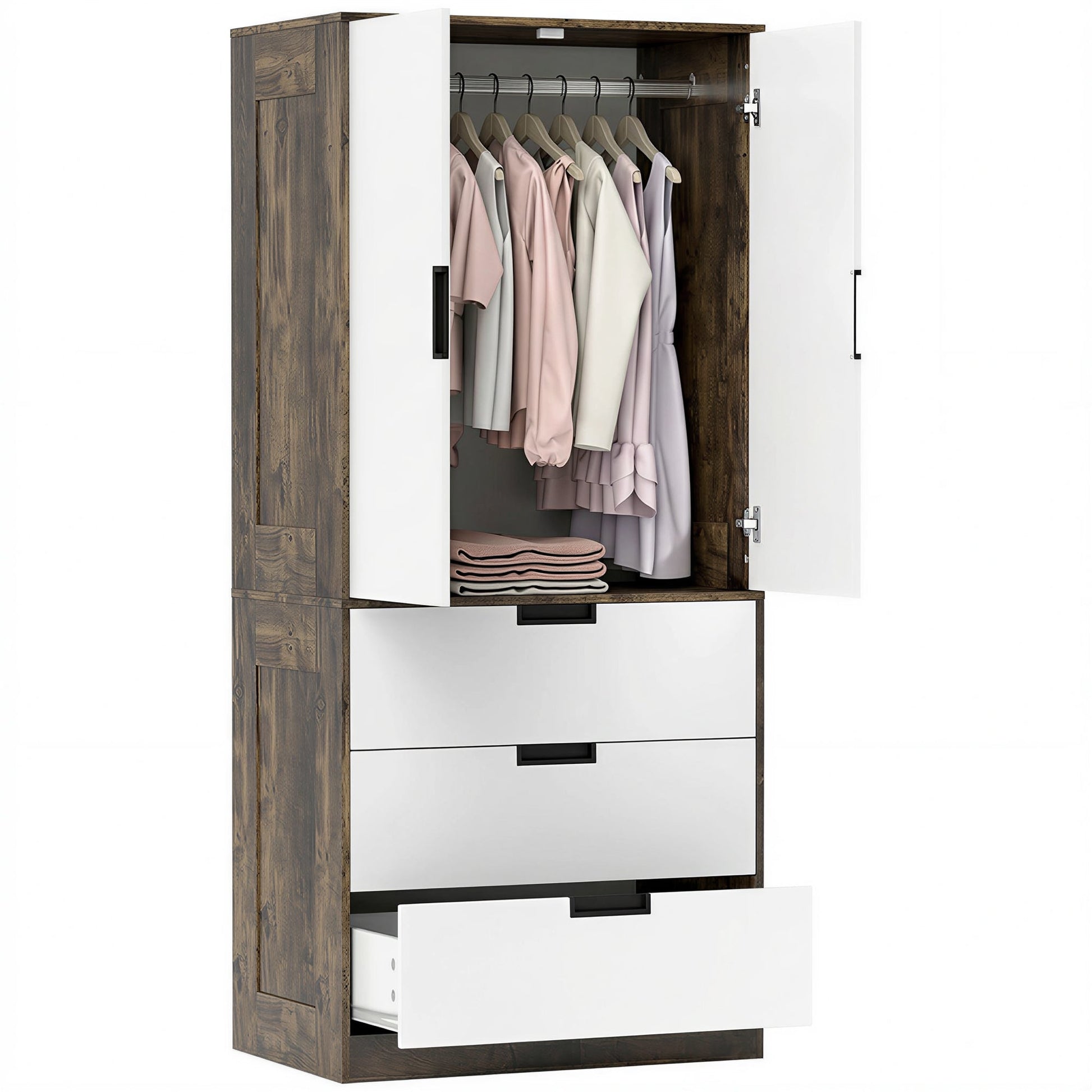 2 Door Wardrobe with 3 Drawers & Hanging Rail, Modern Clothes Storage Cupboard Unit, Bedroom Wardrobe with Soft Closing Hinge, 50D x 80W x 180Hcm, Rustic Brown