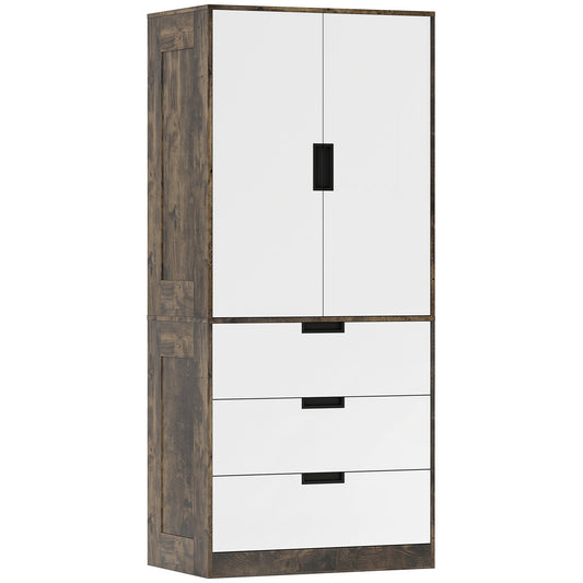 2 Door Wardrobe with 3 Drawers & Hanging Rail, Modern Clothes Storage Cupboard Unit, Bedroom Wardrobe with Soft Closing Hinge, 50D x 80W x 180Hcm, Rustic Brown