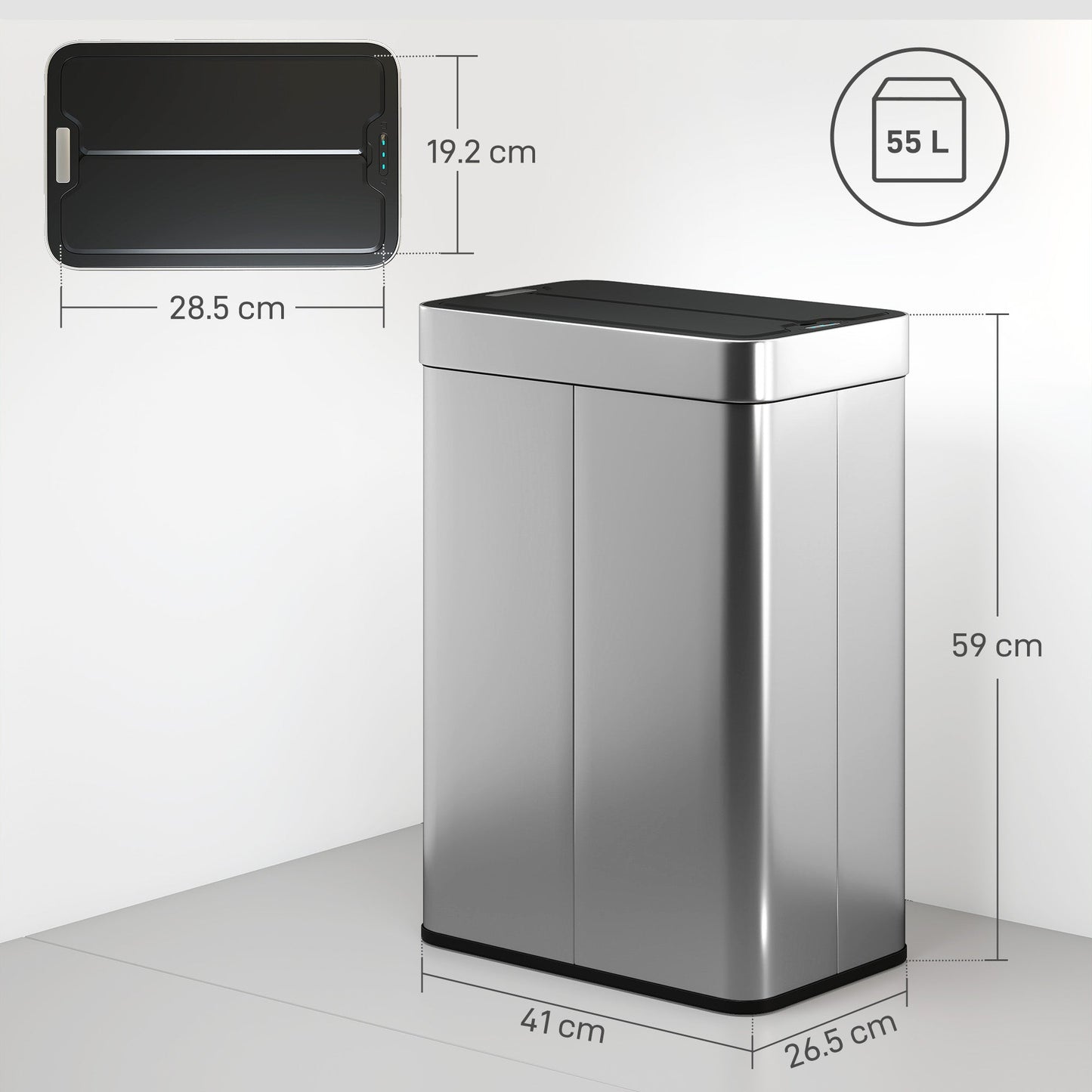 55L Sensor Bin, Large Automatic Touchless Rubbish Bin with Soft-Close Lid, Fingerprint-Proof Stainless Steel, Rectangular Trash Can for Kitchen, Gym, Home Office, Silver Tone
