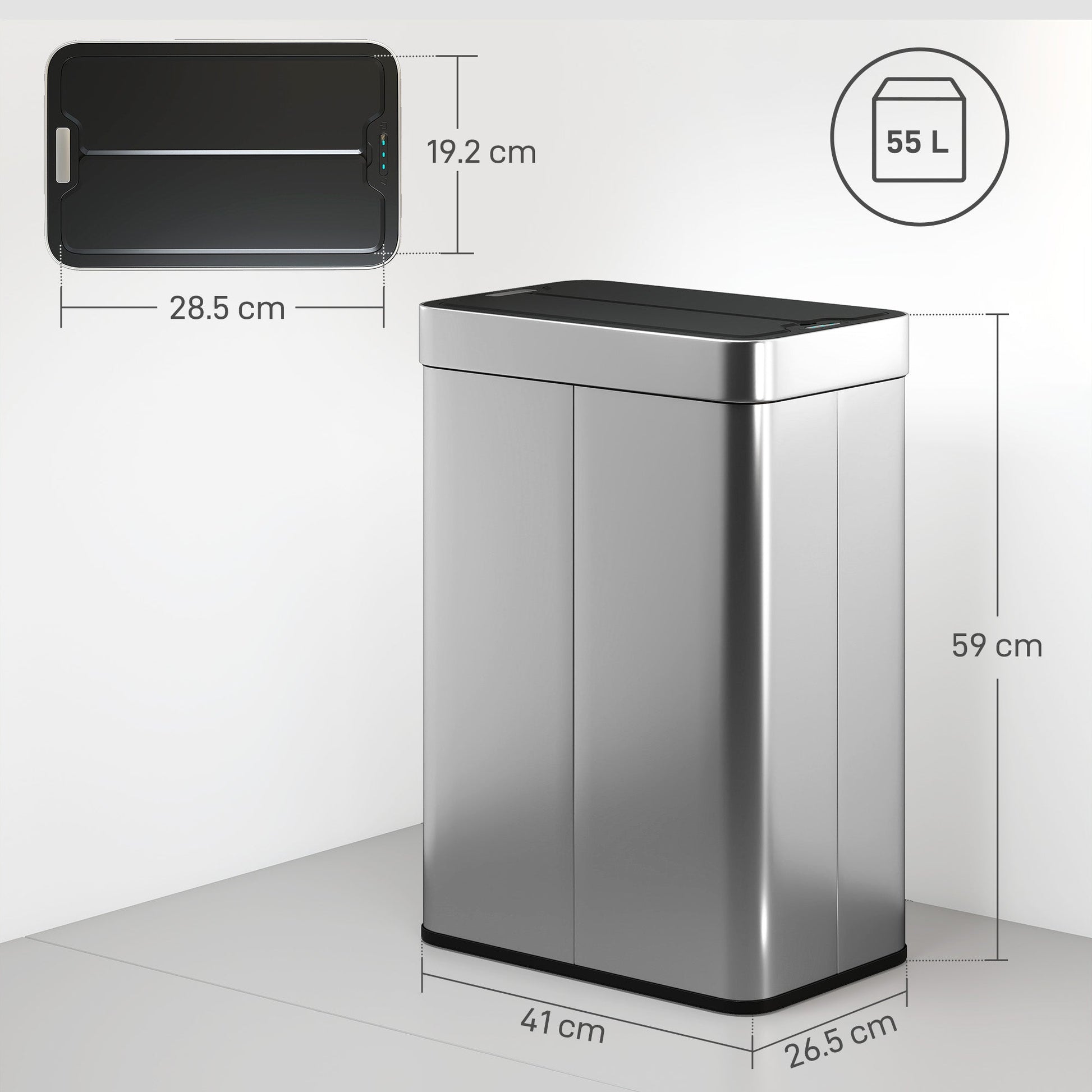 55L Sensor Bin, Large Automatic Touchless Rubbish Bin with Soft-Close Lid, Fingerprint-Proof Stainless Steel, Rectangular Trash Can for Kitchen, Gym, Home Office, Silver Tone