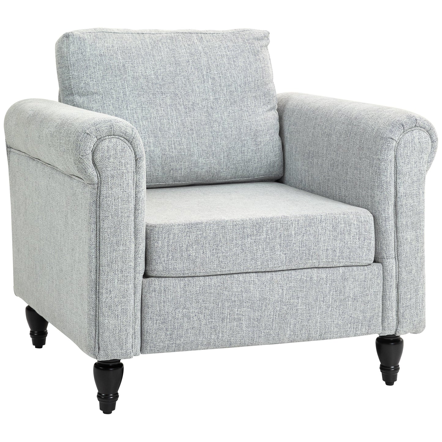 HOMCOM Vintage Armchair, Upholstered Accent Chair with Back Pillow, Rolled Arms and Gourd-Shaped Rubber Wood Legs, Single Sofa for Living Room, Reading Room, Light Grey