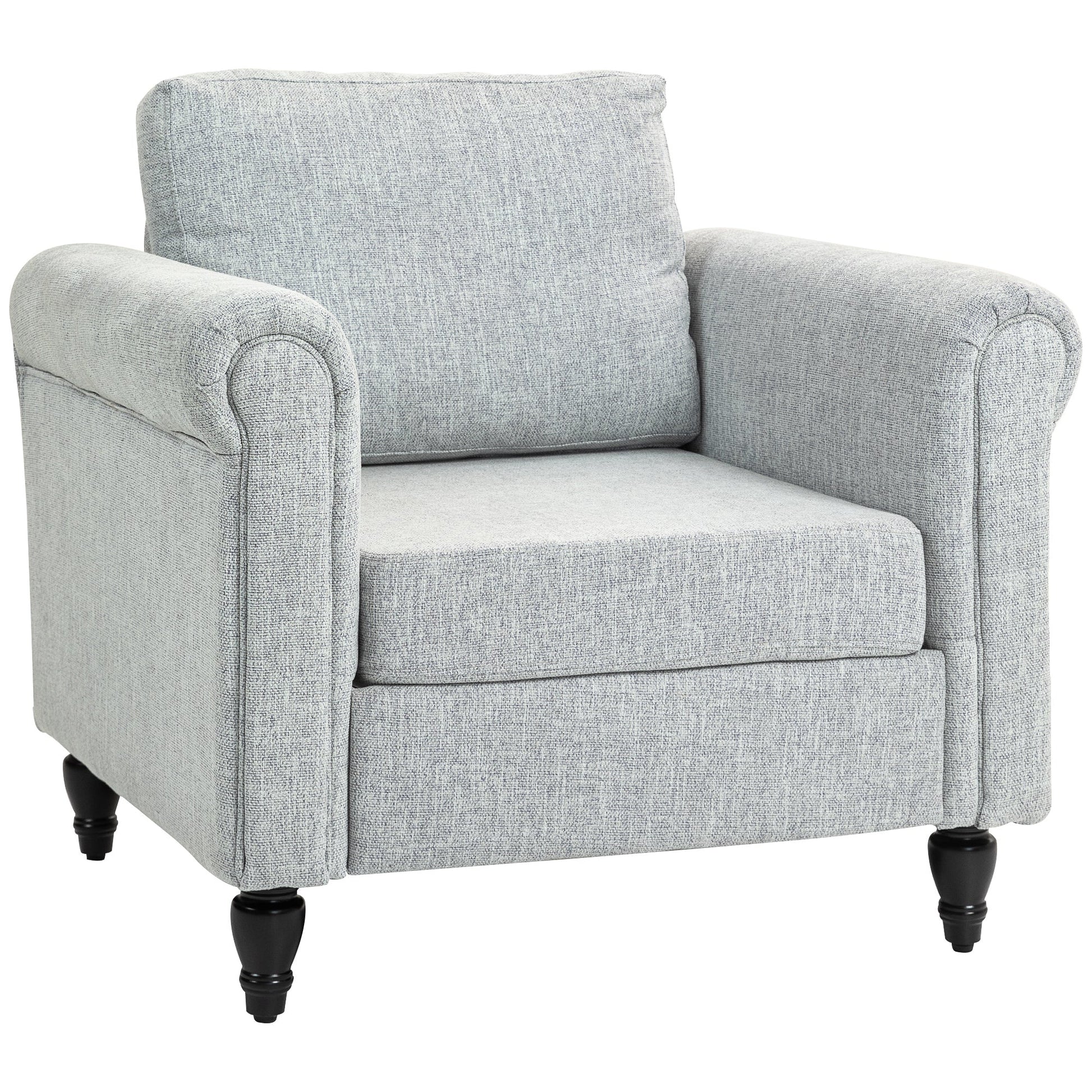 HOMCOM Vintage Armchair, Upholstered Accent Chair with Back Pillow, Rolled Arms and Gourd-Shaped Rubber Wood Legs, Single Sofa for Living Room, Reading Room, Light Grey