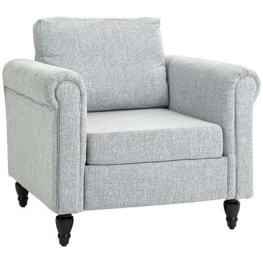 HOMCOM Vintage Armchair, Upholstered Accent Chair with Back Pillow, Rolled Arms and Gourd-Shaped Rubber Wood Legs, Single Sofa for Living Room, Reading Room, Light Grey