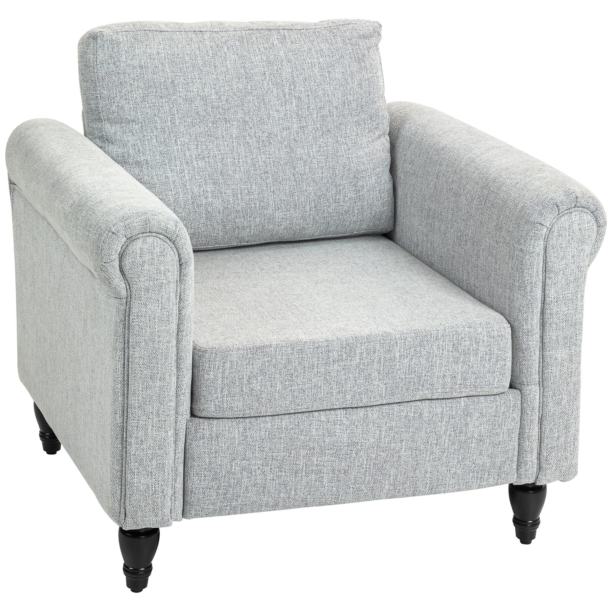 HOMCOM Vintage Armchair, Upholstered Accent Chair with Back Pillow, Rolled Arms and Gourd-Shaped Rubber Wood Legs, Single Sofa for Living Room, Reading Room, Light Grey