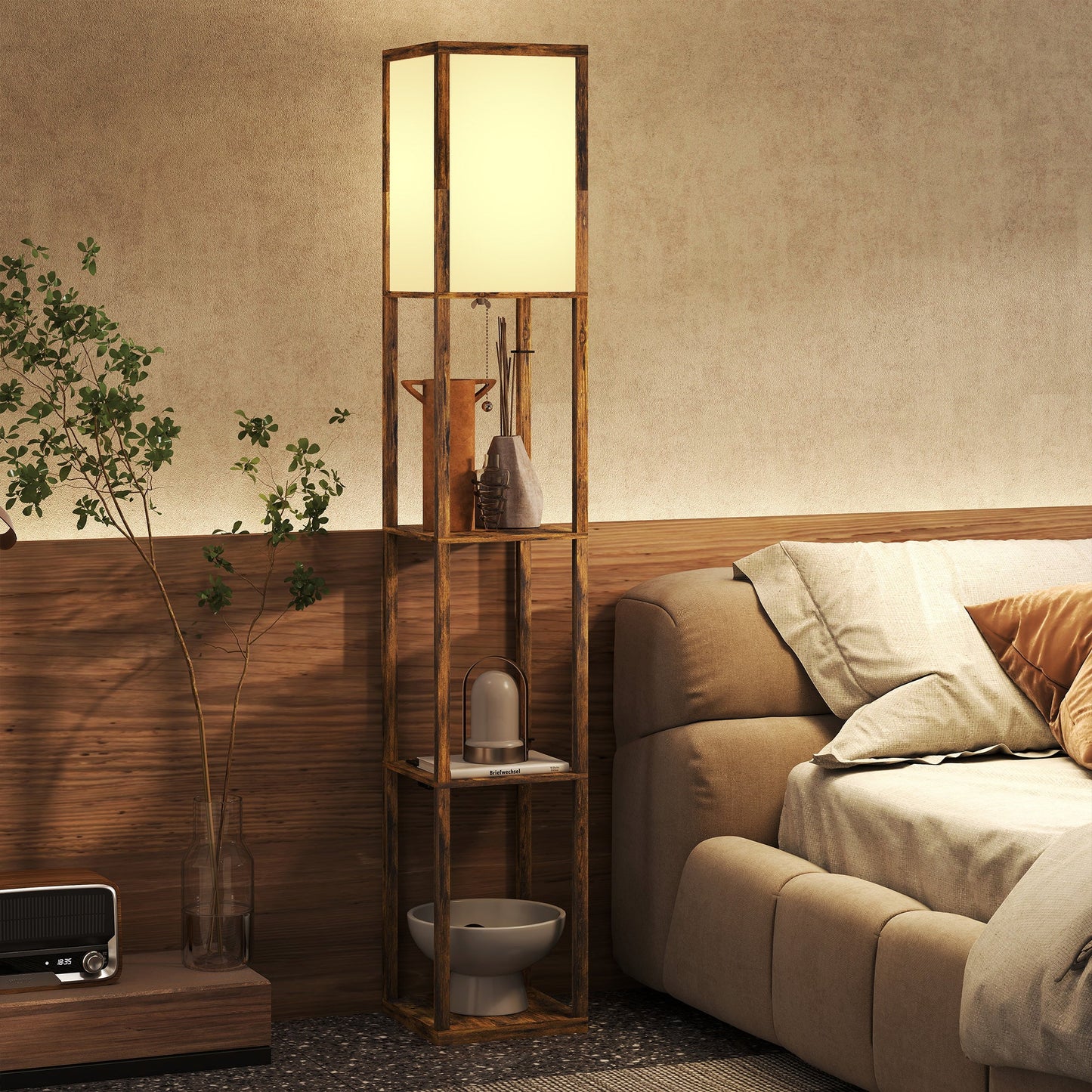 Floor Lamp with Shelves, 4 Layer Column Modern Standing Lamp with USB-A/C Ports and 3 Adjustable Colour Temperature for Living Room, Bedroom, Office, Rustic Brown