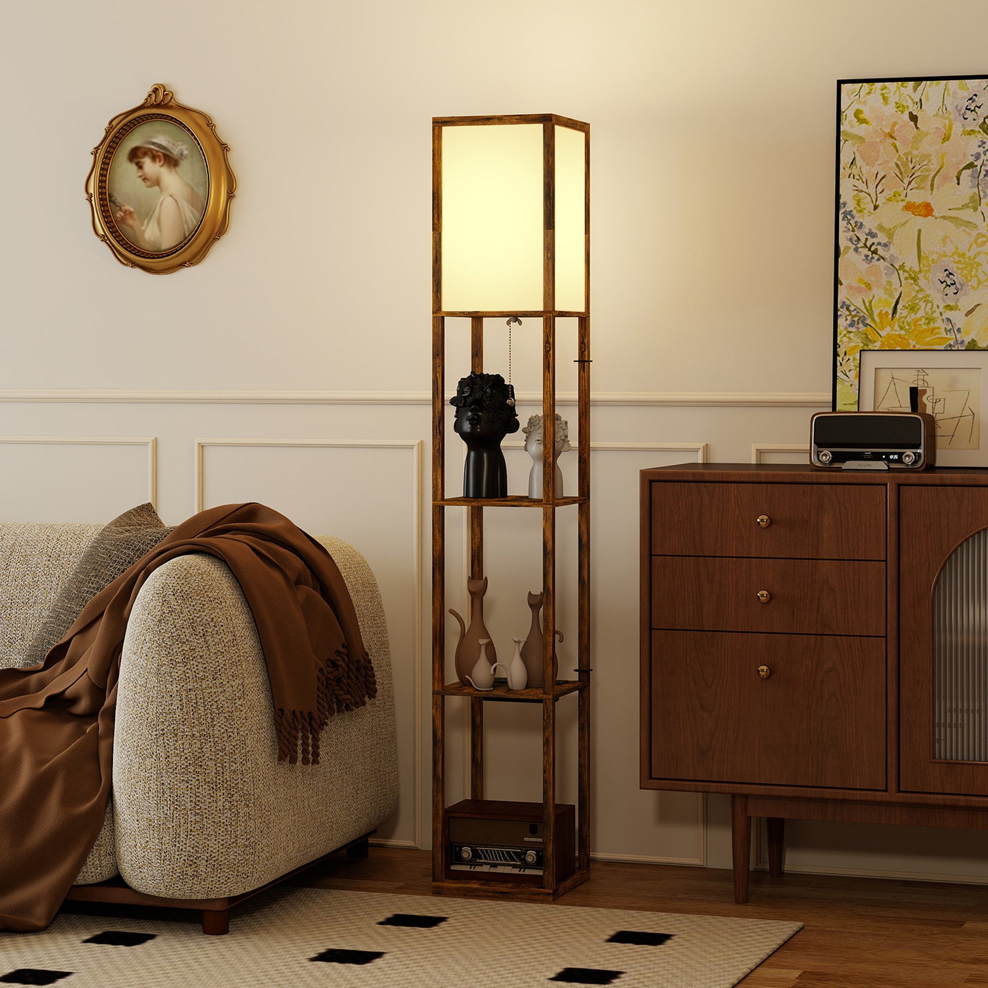 Floor Lamp with Shelves, 4 Layer Column Modern Standing Lamp with USB-A/C Ports and 3 Adjustable Colour Temperature for Living Room, Bedroom, Office, Rustic Brown