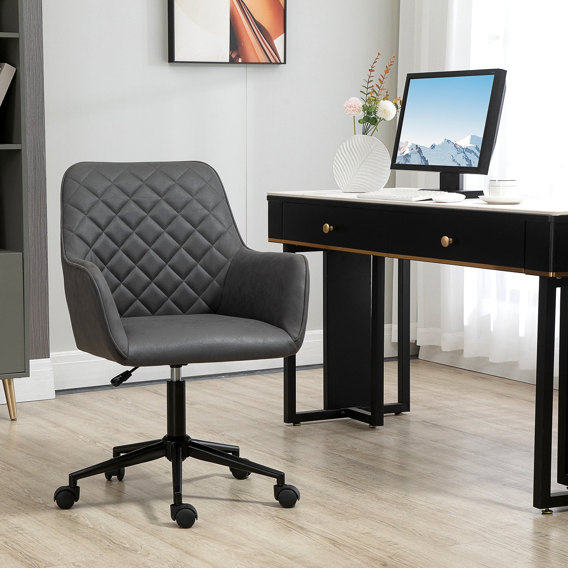 Vinsetto Office Desk Chair, Leather-Feel Fabric Computer Swivel Chair with Rolling Wheels and Adjustable Height for Home, Grey