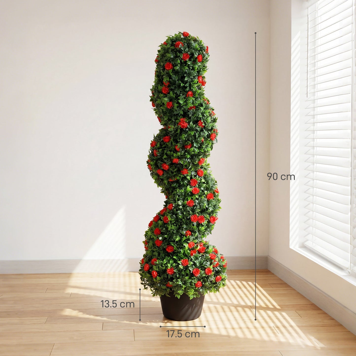 Set of 2 Artificial Rose Spiral Topiary Tree, Indoor Outdoor Artificial Plants with 630 Leaves and 133 Roses, Fake Plants for Home Office Living Room Decor, 90cm, Red