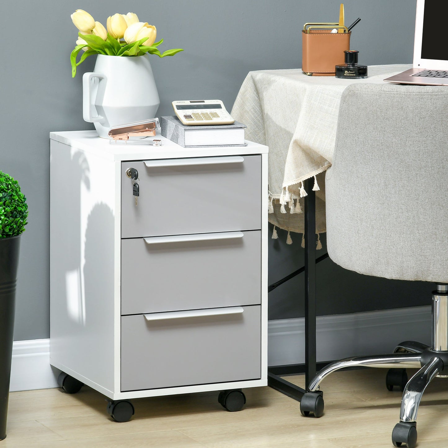 HOMCOM 3-Drawer Locking File Cabinet Mobile Chest of Drawers Side Table on Wheels for Home Office, Bedroom and Living room