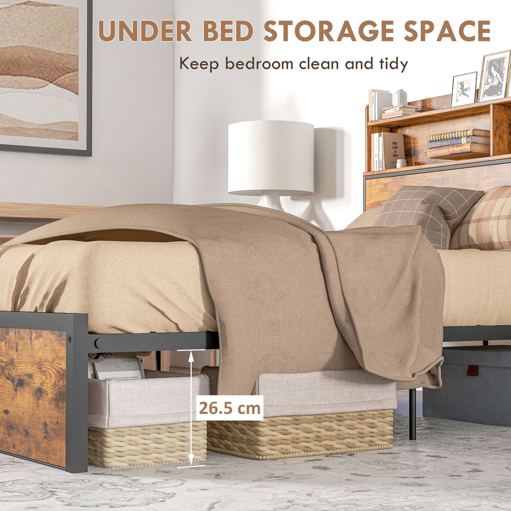 HOMCOM Industrial Double Bed Frame, 4.8FT Steel Bed Base with Storage Headboard, Footboard, Slatted Support and Under Bed Storage, 145 x 209cm, Rustic Brown