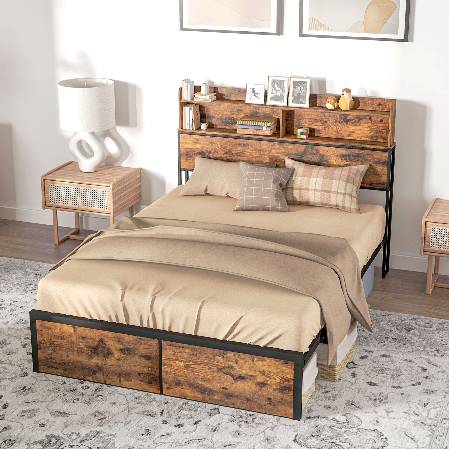 HOMCOM Industrial Double Bed Frame, 4.8FT Steel Bed Base with Storage Headboard, Footboard, Slatted Support and Under Bed Storage, 145 x 209cm, Rustic Brown