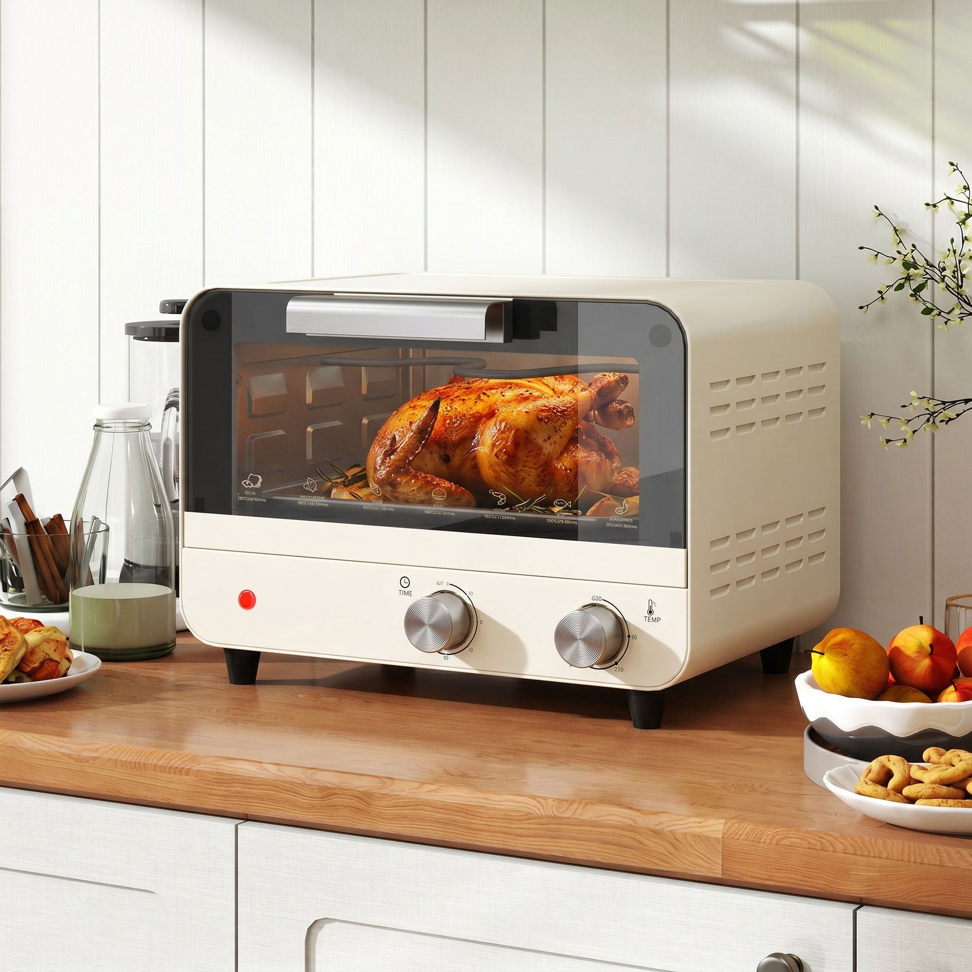 Small Toaster Oven, 12L Multifunction Mini Countertop Oven with Glass Door, Adjustable Temperature, Timer, Wire Rack & Baking Tray, 750W, Cream White
