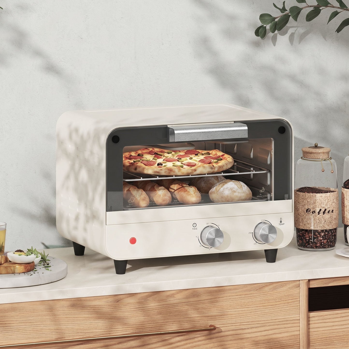 Small Toaster Oven, 12L Multifunction Mini Countertop Oven with Glass Door, Adjustable Temperature, Timer, Wire Rack & Baking Tray, 750W, Cream White