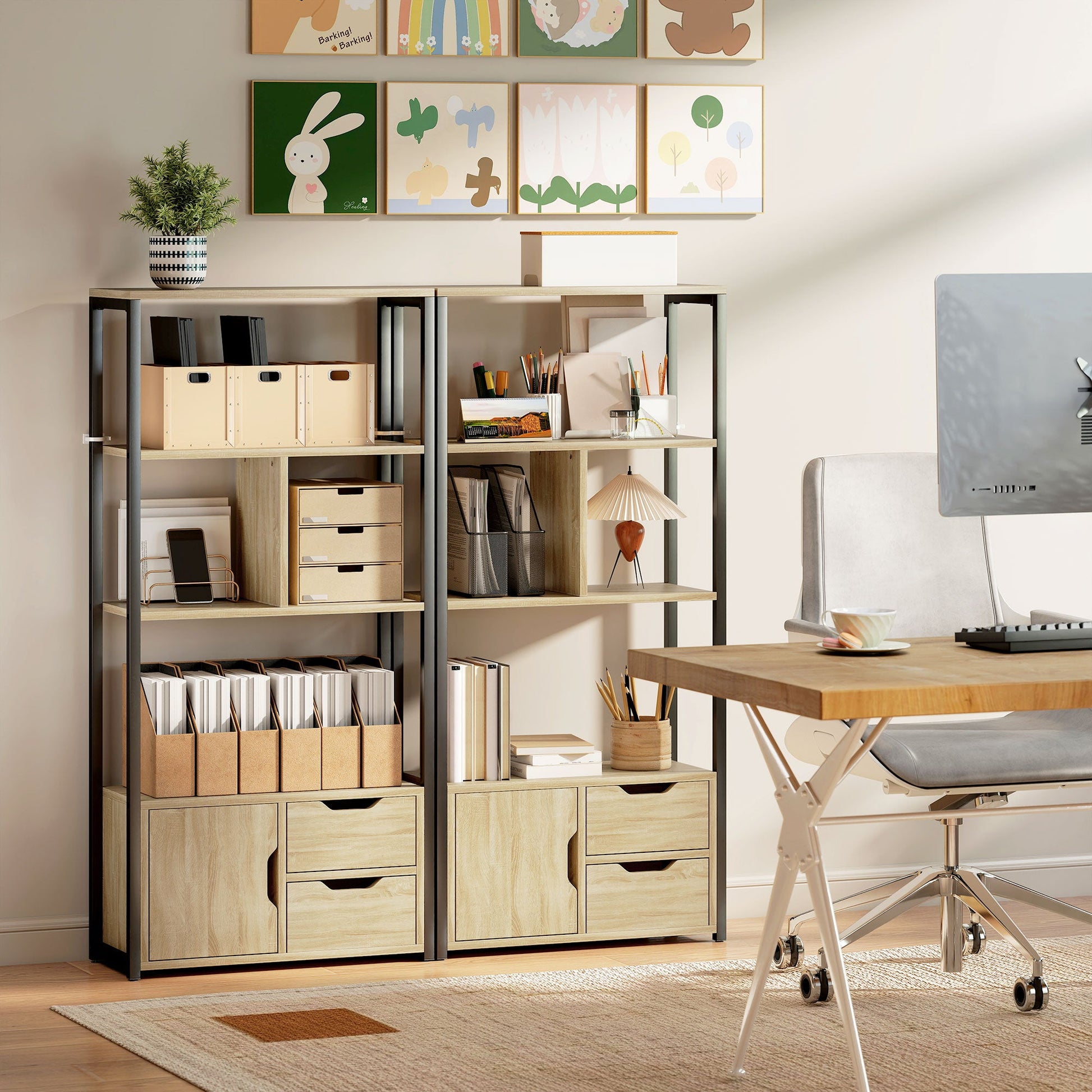 Ladder Bookshelf, 4-Tier Bookcase with Cabinet and Drawers, Storage Shelves with Metal Frame for Living Room, Bedroom, Home Office, Natural Wood