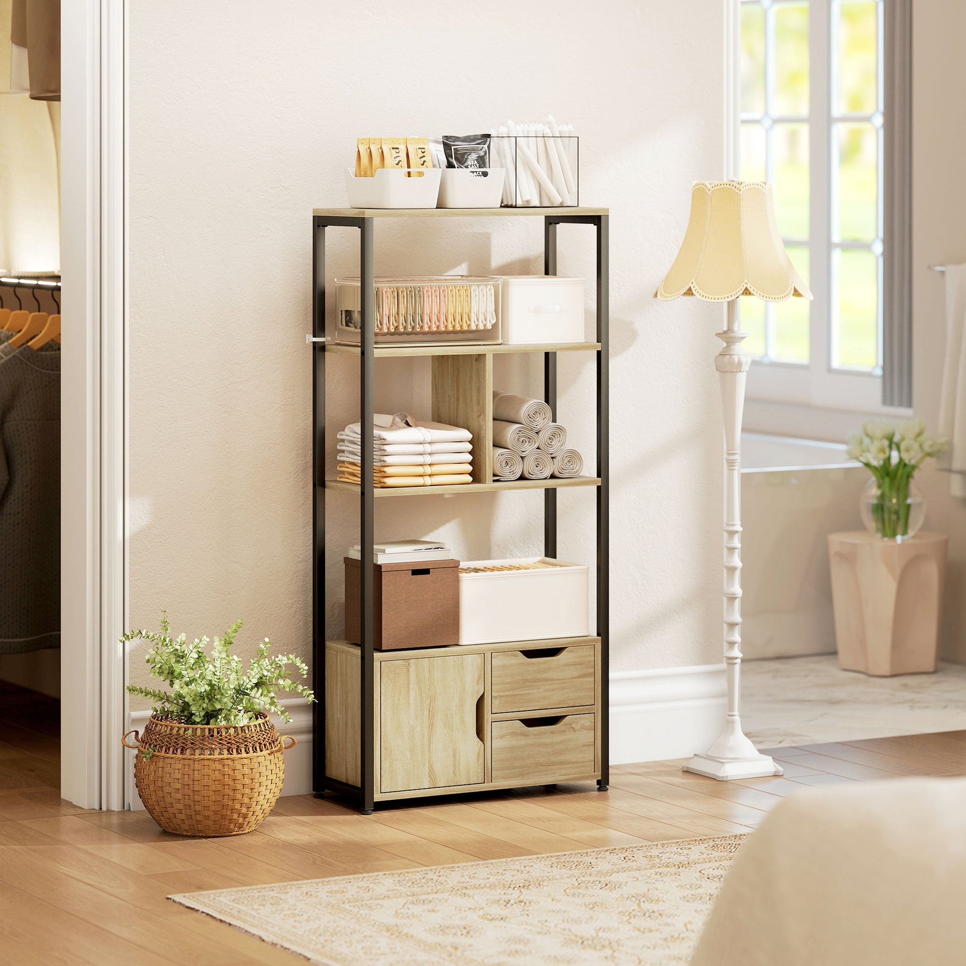 Ladder Bookshelf, 4-Tier Bookcase with Cabinet and Drawers, Storage Shelves with Metal Frame for Living Room, Bedroom, Home Office, Natural Wood