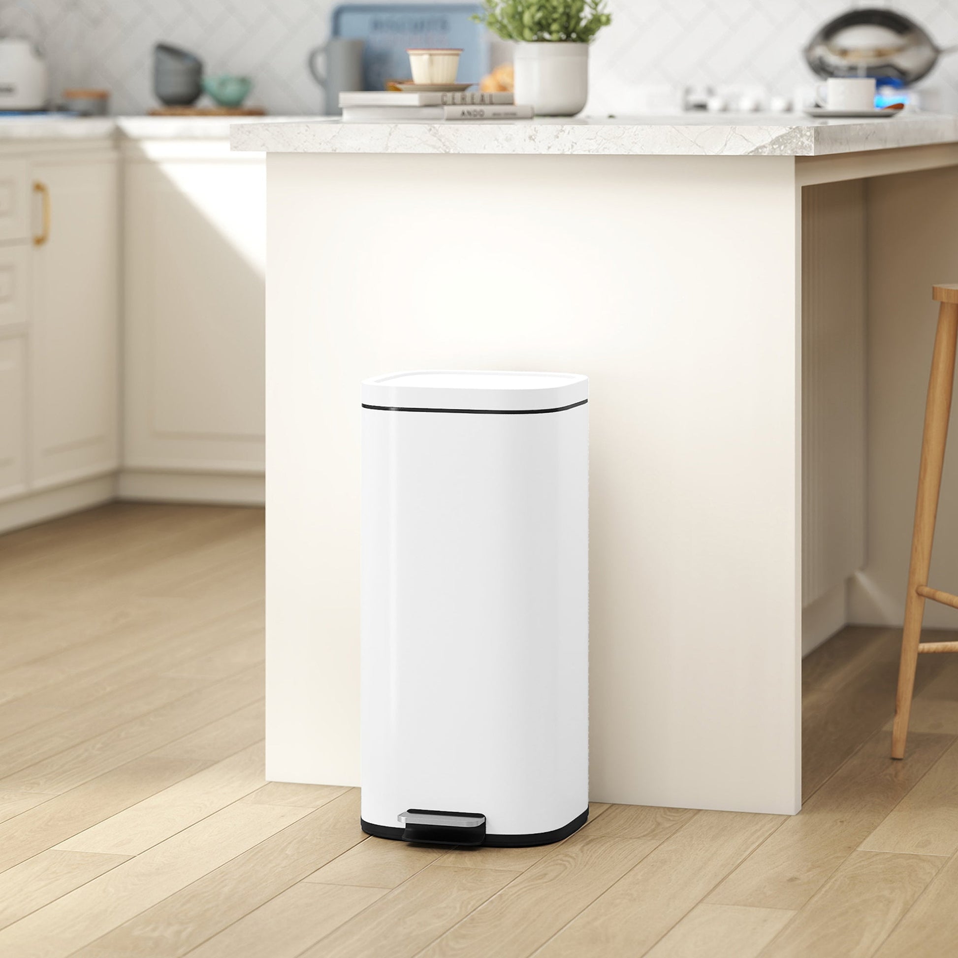 30L Kitchen Bin with Lid, Compact Pedal Bin with Soft-Close and Stay-Open Lid, Removable Inner Bucket, Fingerprint-Resistant for Kitchen, Home, Office, Bedroom, White