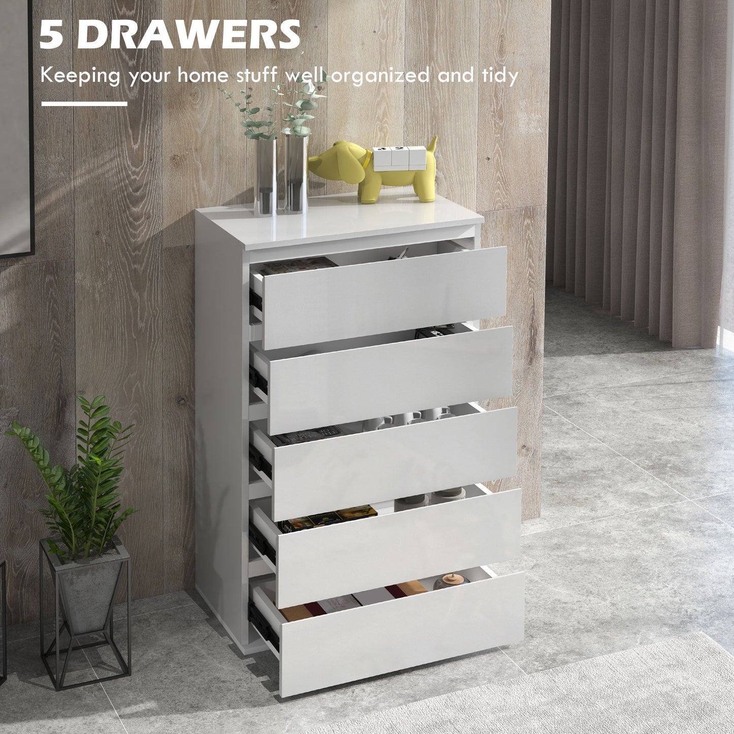 HOMCOM High Gloss Chest of Drawers, 5 Drawers Dresser, Modern Storage Drawer Unit with Soft Closing Mechanism for Bedroom, White