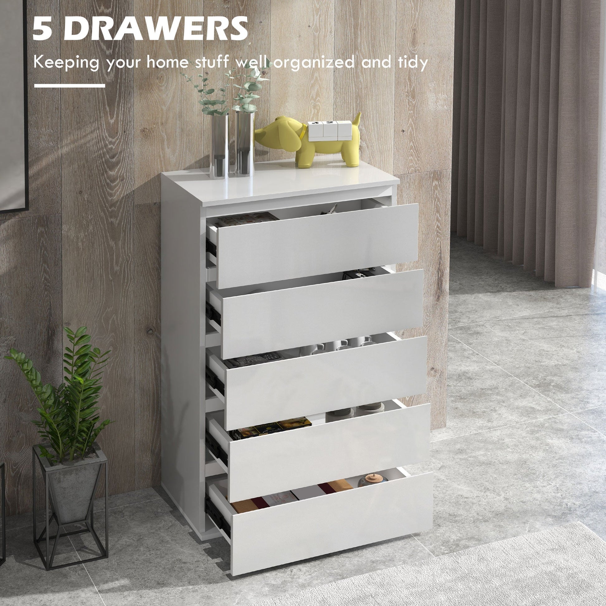 HOMCOM High Gloss Chest of Drawers, 5 Drawers Dresser, Modern Storage Drawer Unit with Soft Closing Mechanism for Bedroom, White