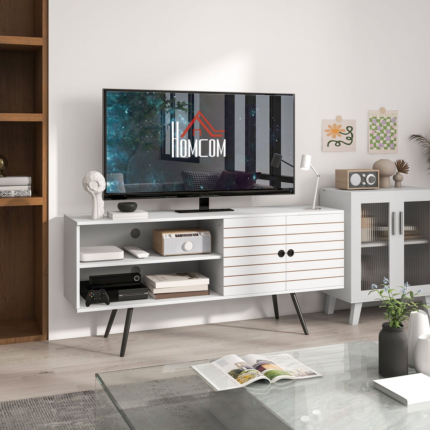 HOMCOM TV Stand Cabinet for 65 Inch TVs, TV Unit with Open Shelves, Soft-close Door and Cable Holes, Entertainment Unit for Living Room, White