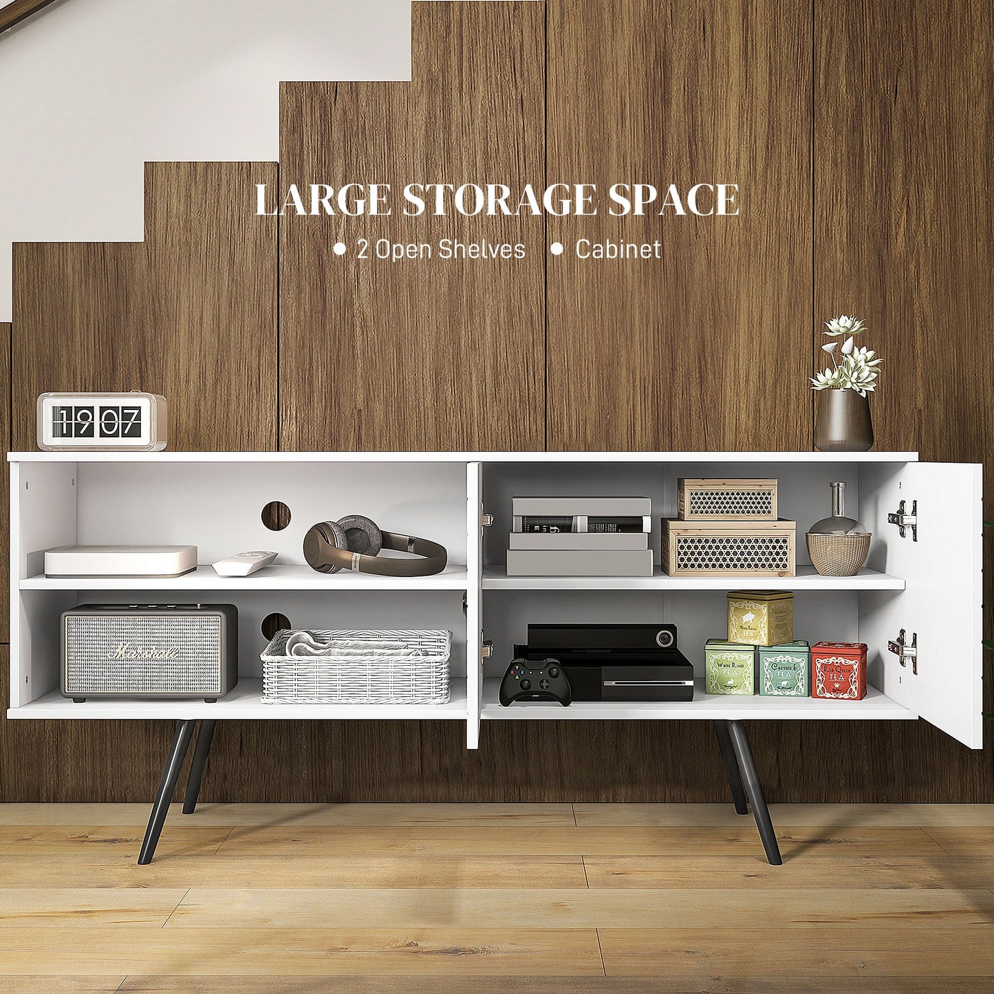 HOMCOM TV Stand Cabinet for 65 Inch TVs, TV Unit with Open Shelves, Soft-close Door and Cable Holes, Entertainment Unit for Living Room, White