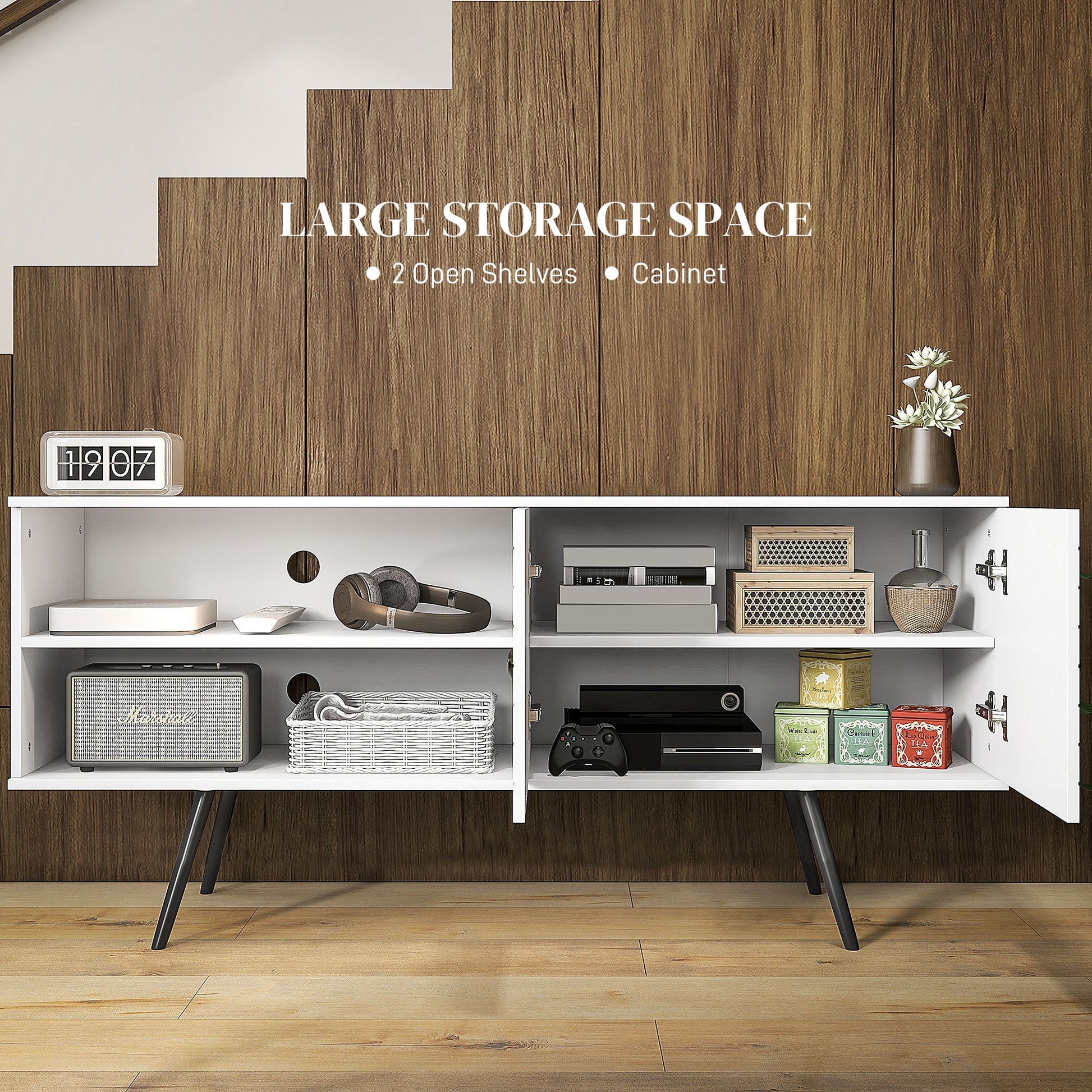 HOMCOM TV Stand Cabinet for 65 Inch TVs, TV Unit with Open Shelves, Soft-close Door and Cable Holes, Entertainment Unit for Living Room, White