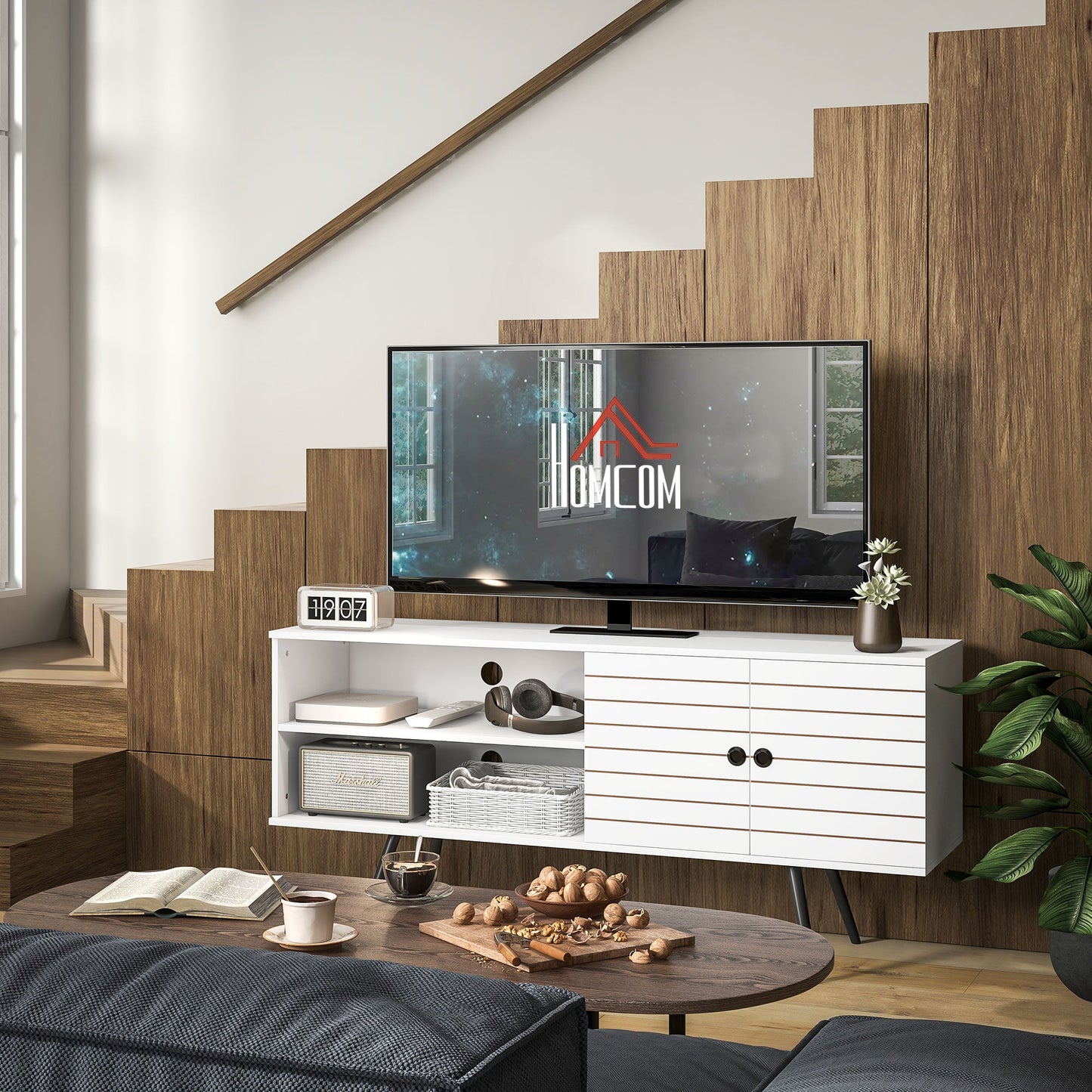 HOMCOM TV Stand Cabinet for 65 Inch TVs, TV Unit with Open Shelves, Soft-close Door and Cable Holes, Entertainment Unit for Living Room, White