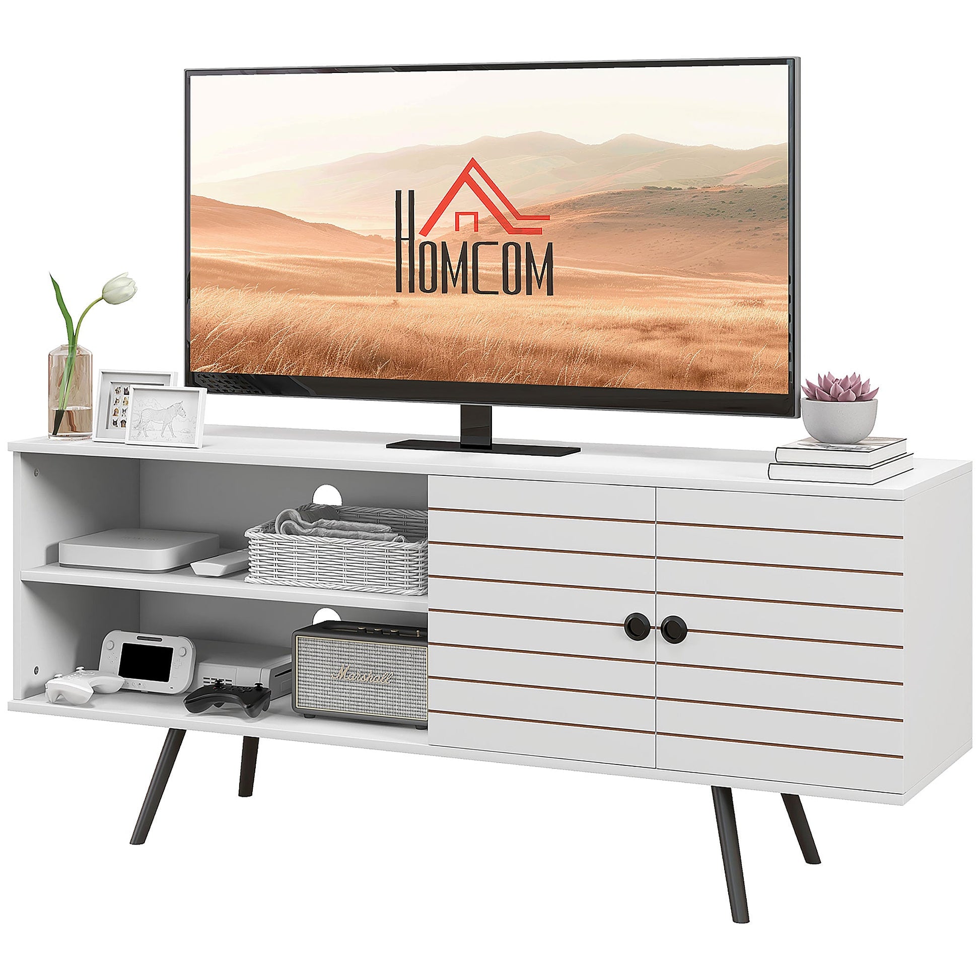 HOMCOM TV Stand Cabinet for 65 Inch TVs, TV Unit with Open Shelves, Soft-close Door and Cable Holes, Entertainment Unit for Living Room, White