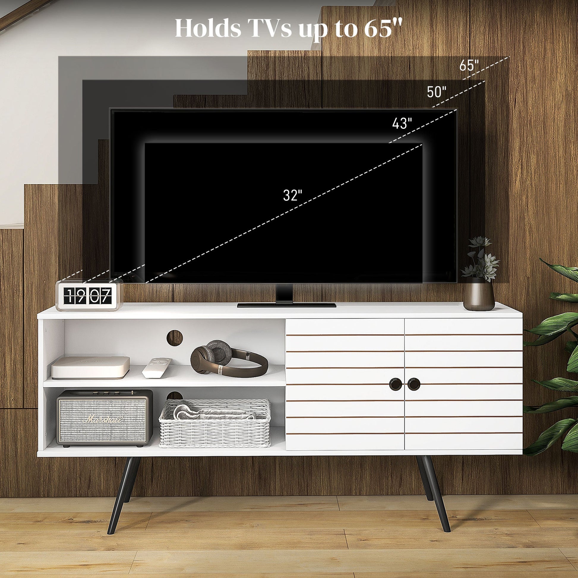 HOMCOM TV Stand Cabinet for 65 Inch TVs, TV Unit with Open Shelves, Soft-close Door and Cable Holes, Entertainment Unit for Living Room, White