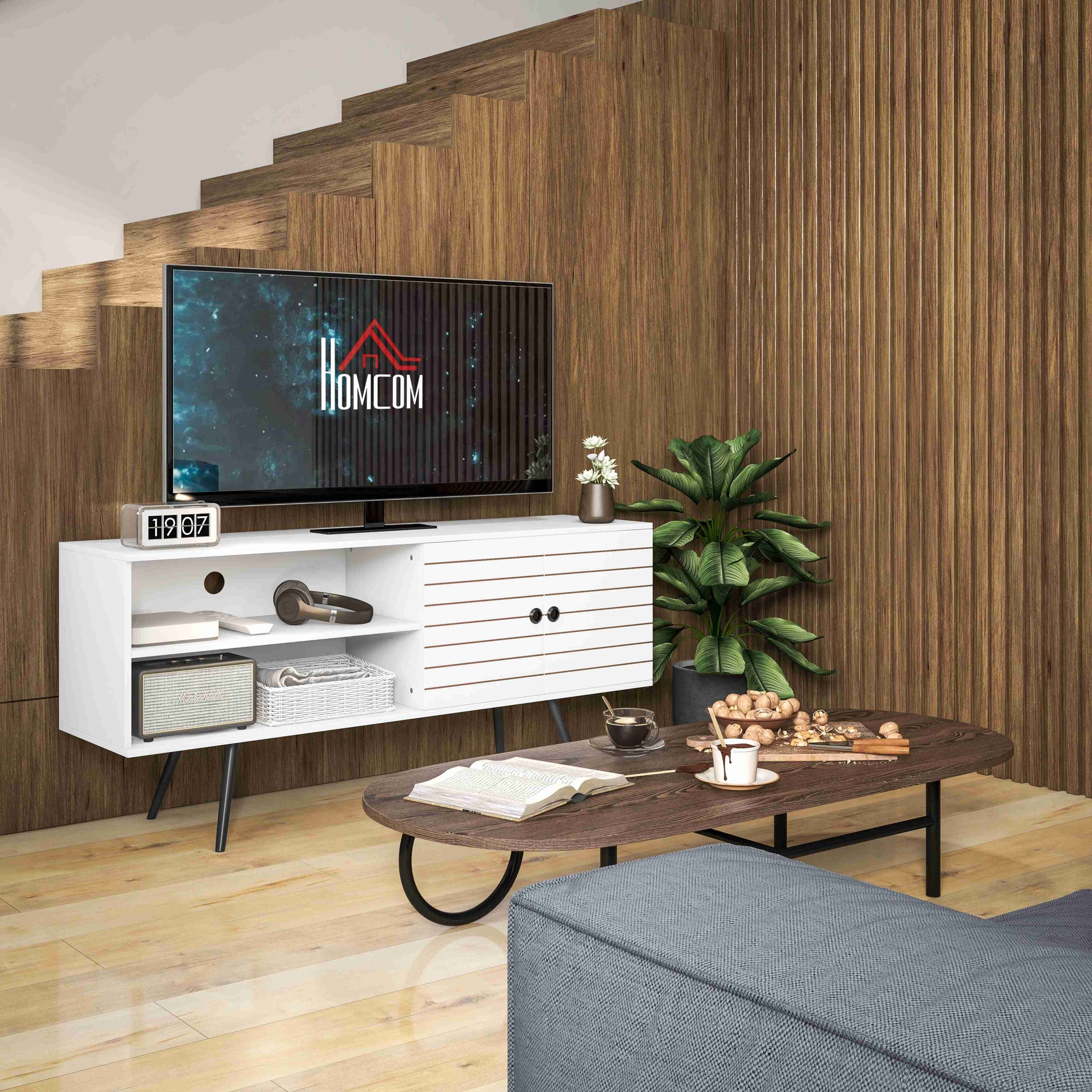 HOMCOM TV Stand Cabinet for 65 Inch TVs, TV Unit with Open Shelves, Soft-close Door and Cable Holes, Entertainment Unit for Living Room, White