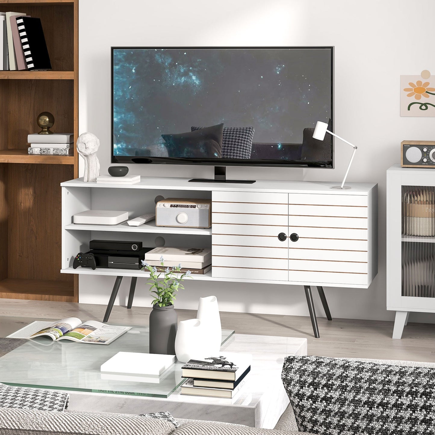 HOMCOM TV Stand Cabinet for 65 Inch TVs, TV Unit with Open Shelves, Soft-close Door and Cable Holes, Entertainment Unit for Living Room, White