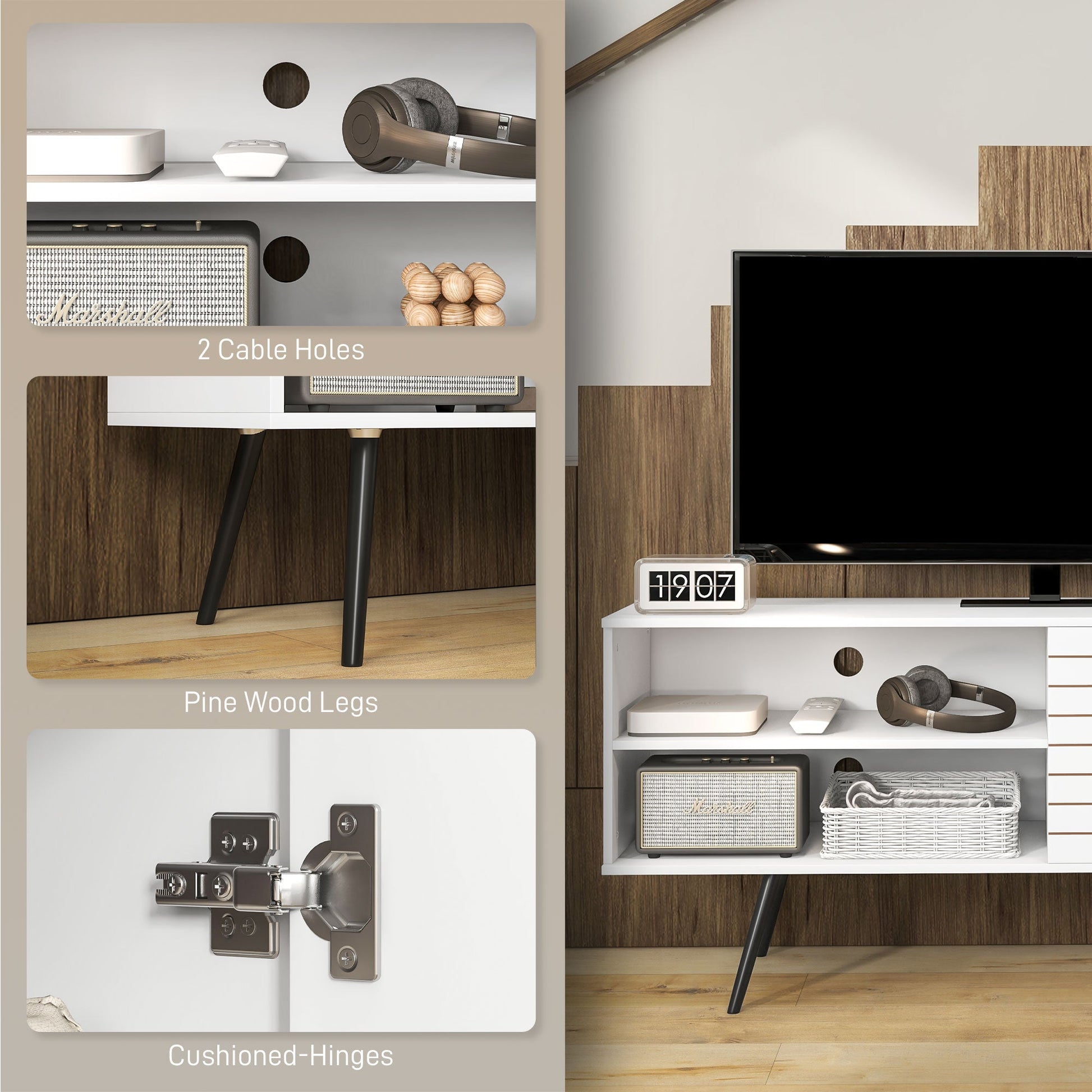 HOMCOM TV Stand Cabinet for 65 Inch TVs, TV Unit with Open Shelves, Soft-close Door and Cable Holes, Entertainment Unit for Living Room, White