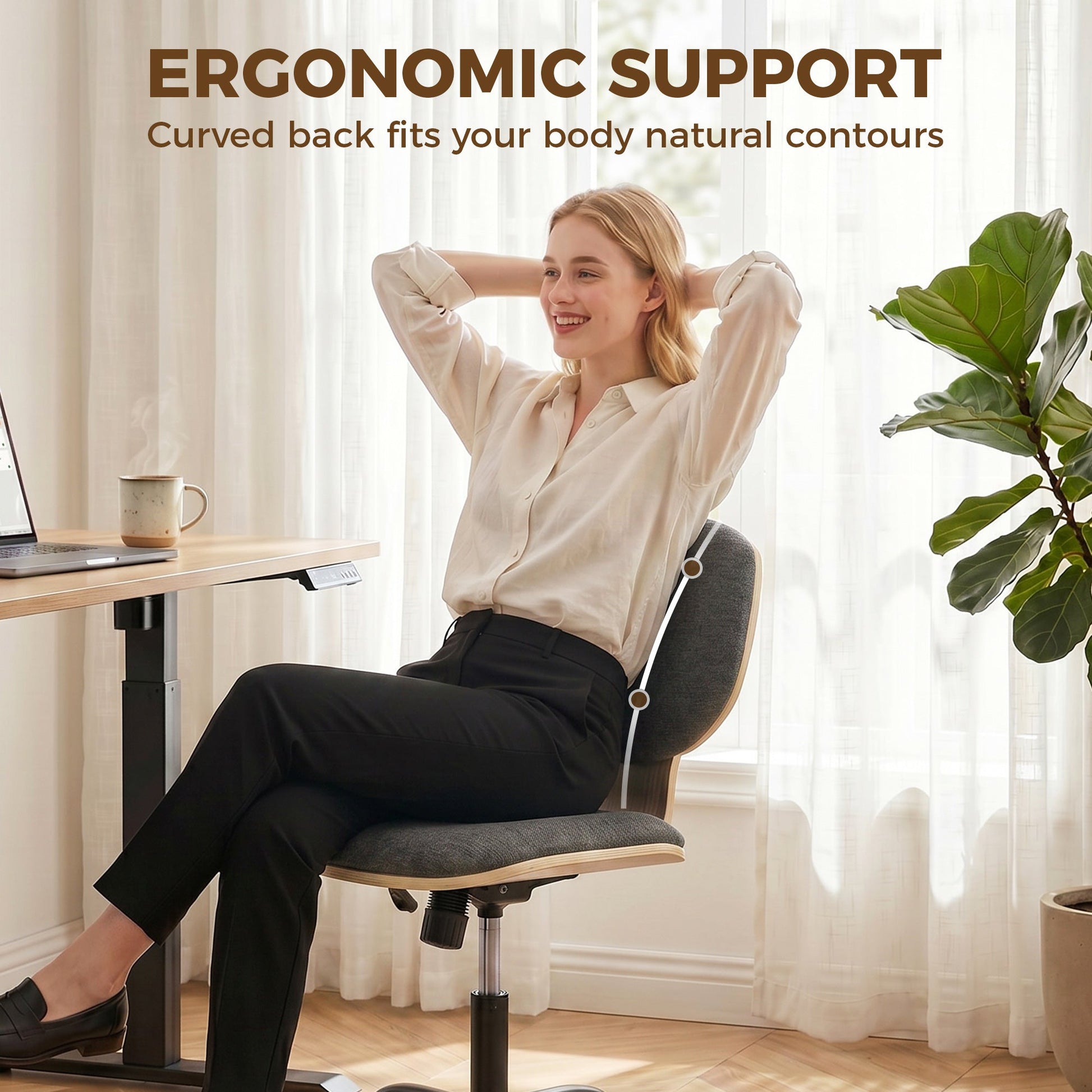 Home Office Chair, Swivel Computer Desk Chair with Rocking Function, Adjustable Height, Curved Back, Wheels, Armless, Grey