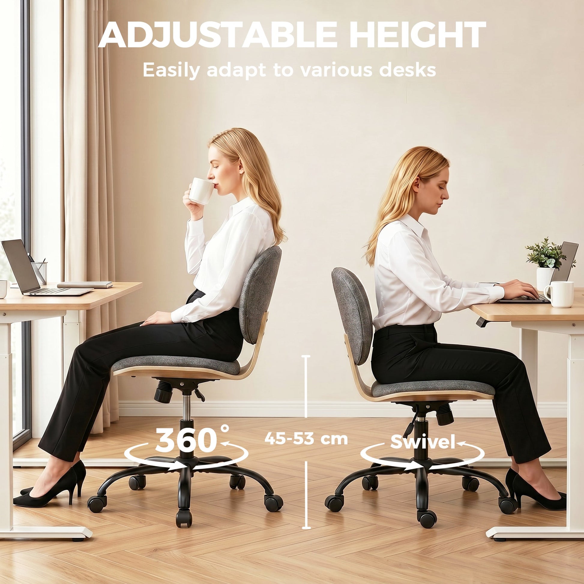Home Office Chair, Swivel Computer Desk Chair with Rocking Function, Adjustable Height, Curved Back, Wheels, Armless, Grey