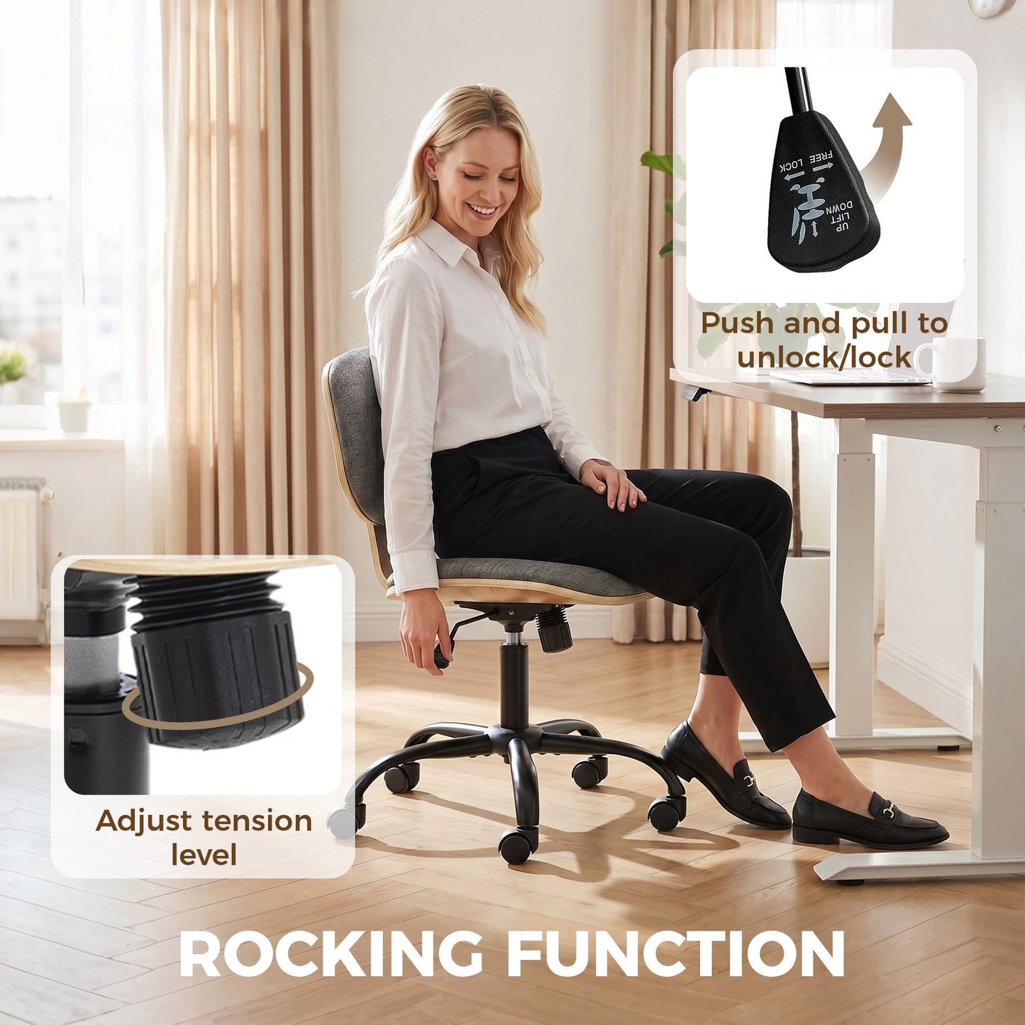 Home Office Chair, Swivel Computer Desk Chair with Rocking Function, Adjustable Height, Curved Back, Wheels, Armless, Grey