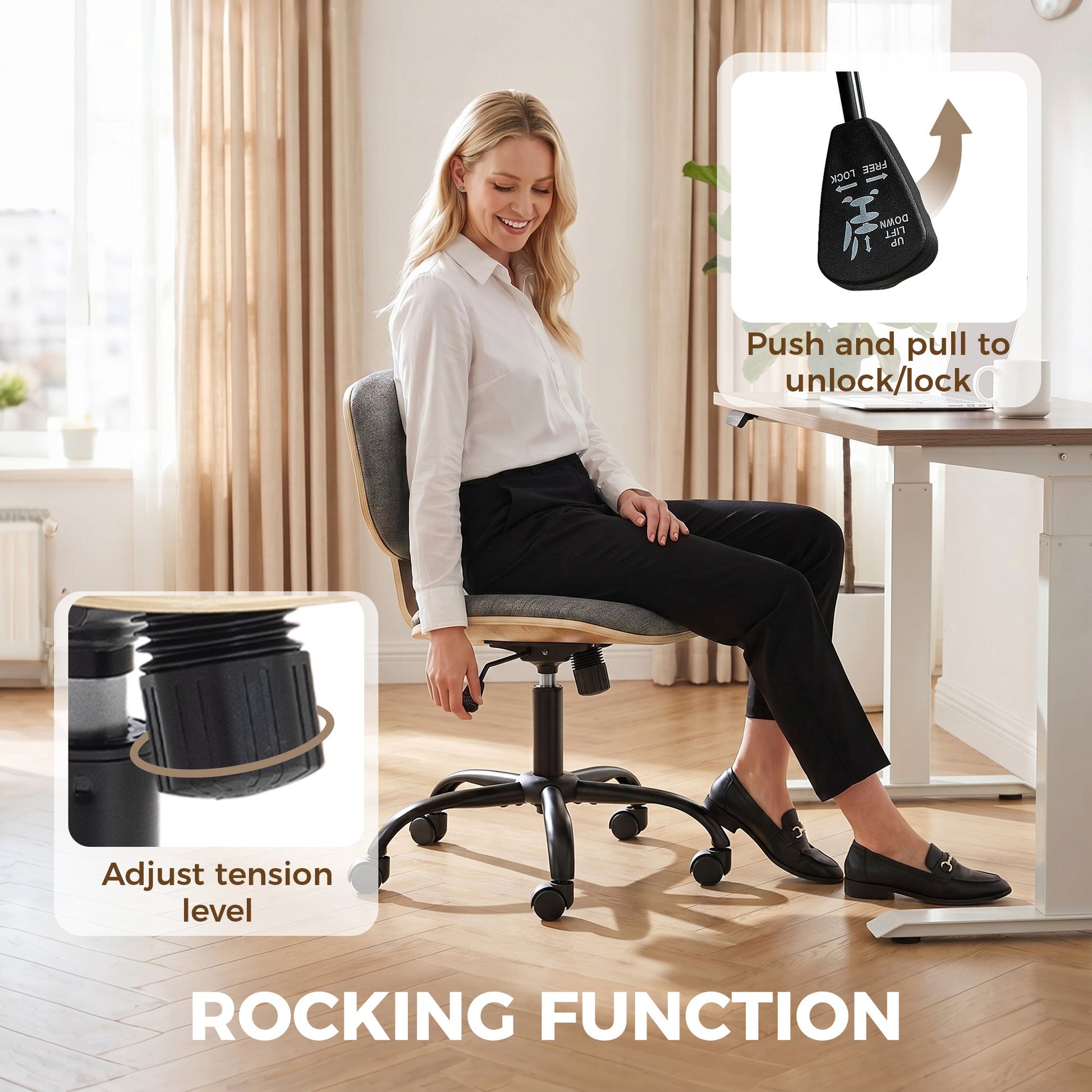 Home Office Chair, Swivel Computer Desk Chair with Rocking Function, Adjustable Height, Curved Back, Wheels, Armless, Grey