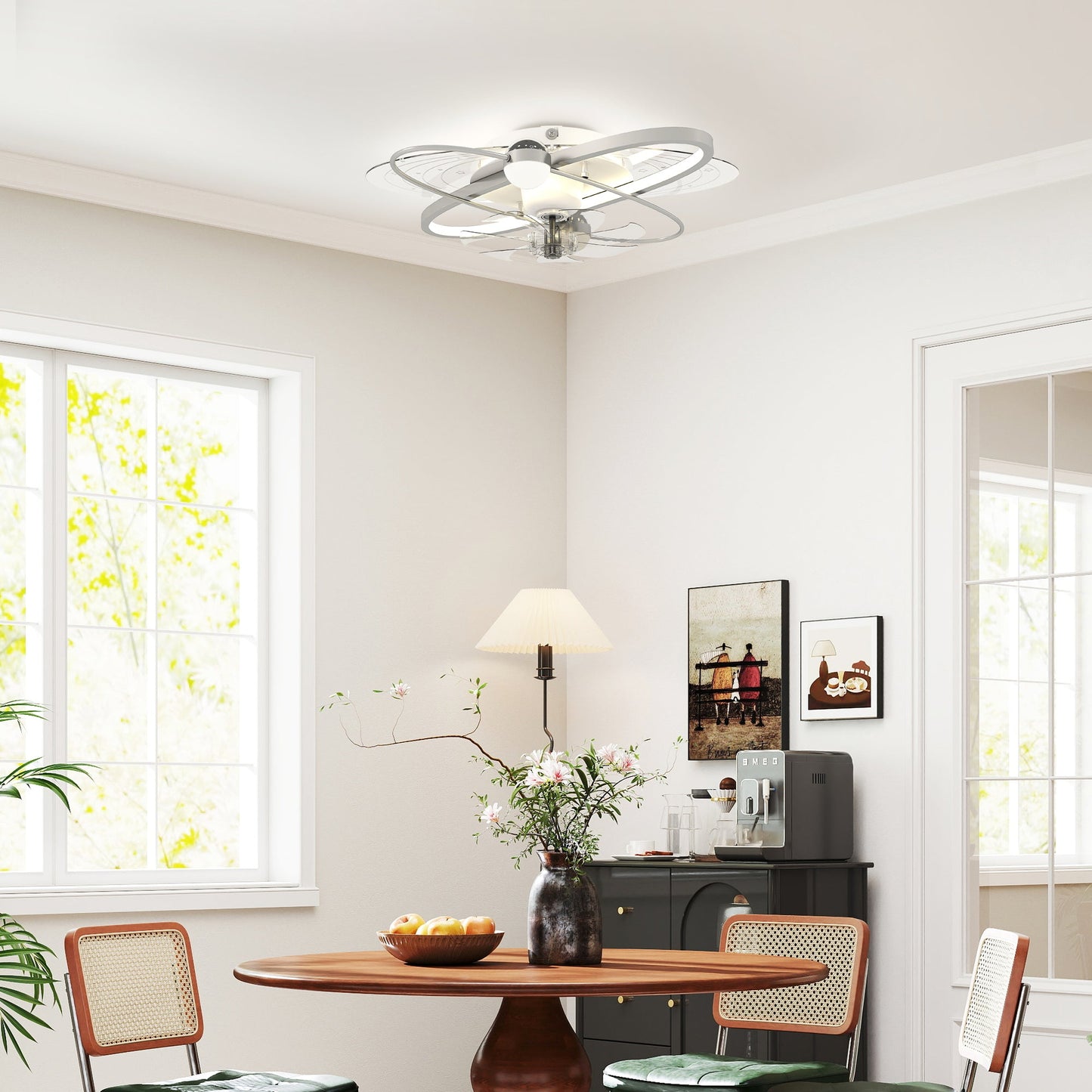 Ceiling Fans with Lights and Remote & App Control, 62 cm Modern LED Ceiling Fan Light with 3 Colour Temperatures, 6 Speed, Timer, Dimmable, Quiet Reversible DC Motor, for Bedroom, Silver Tone