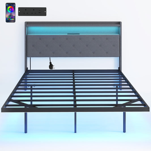 4ft6 Double Bed Frame, Floating Bed Frame with Music Sync RGB LED Lights and Charging Station, Upholstered Headboard with Storage Shelves, No Box Spring Needed, Noise Free, Grey