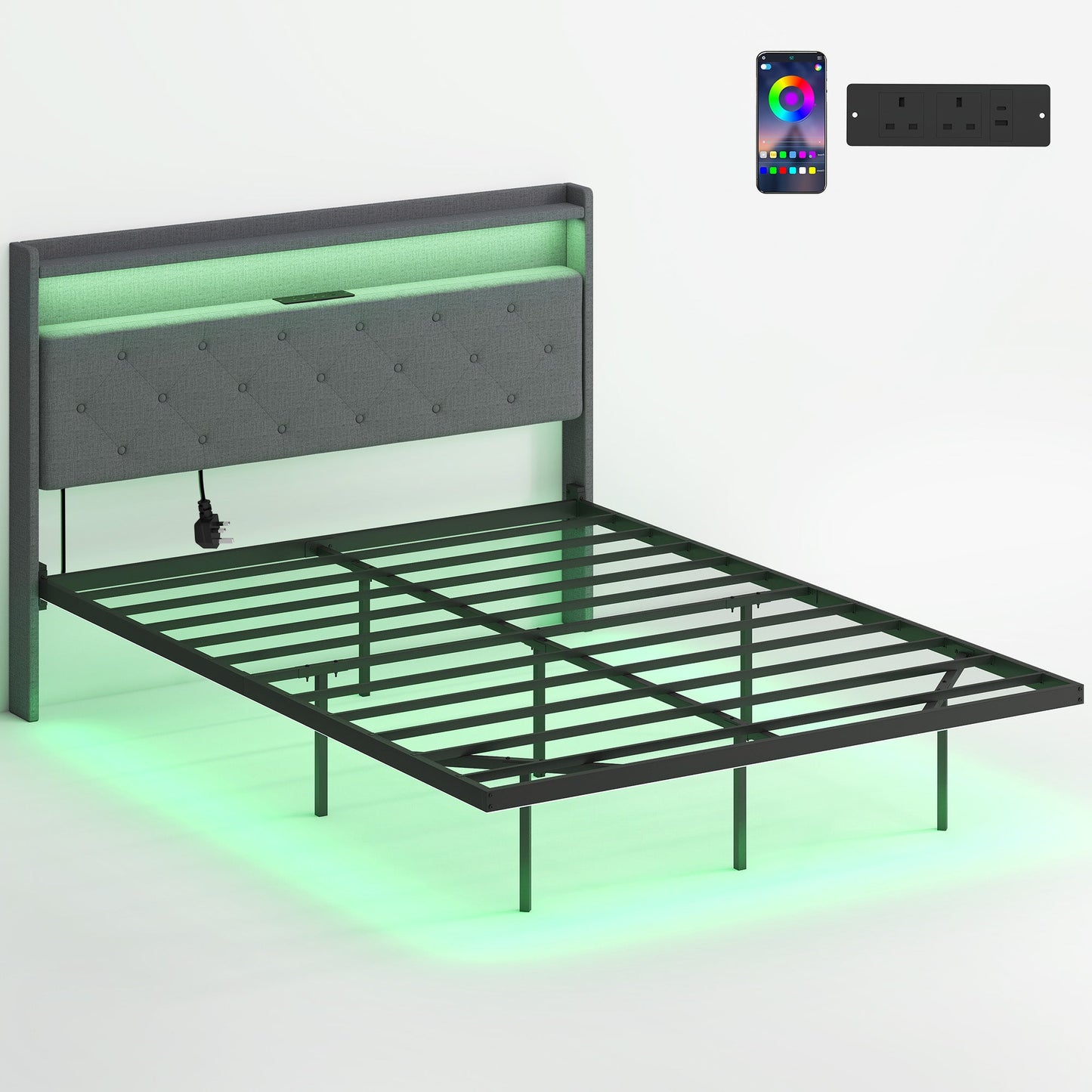 4ft6 Double Bed Frame, Floating Bed Frame with Music Sync RGB LED Lights and Charging Station, Upholstered Headboard with Storage Shelves, No Box Spring Needed, Noise Free, Grey