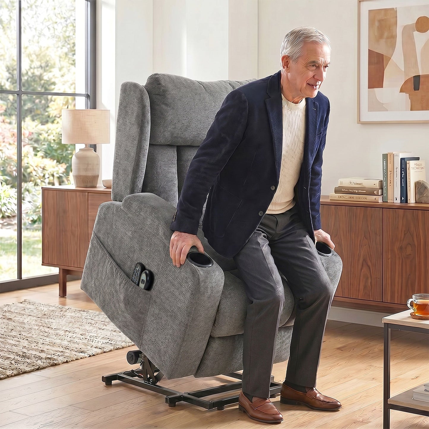 Power Lift Recliner Chair with Vibration Massage and Heat, Chenille Riser and Recliner Armchair for Elderly with Folding Headrest, Spring Cushion, Wide and High Back, Cup Holders, Remote, Grey
