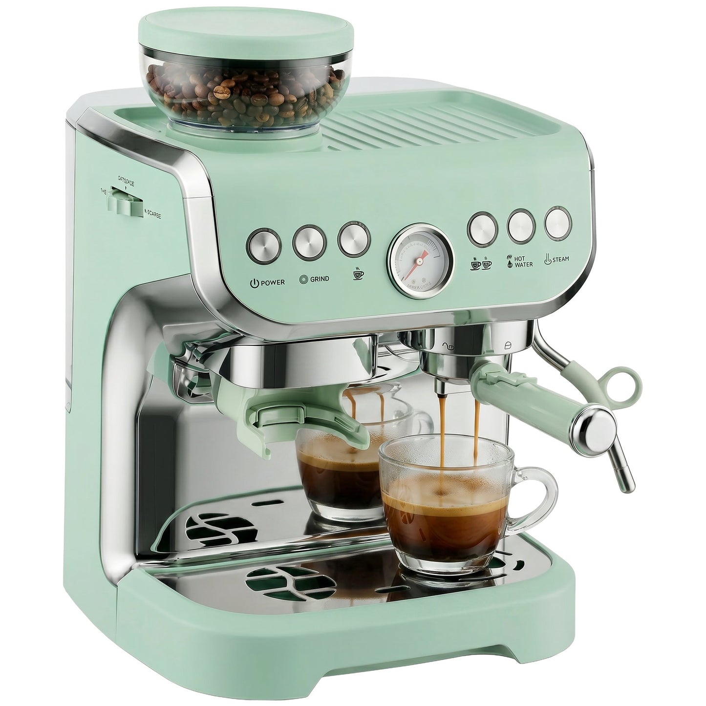 Espresso Machine with Integrated Bean Grinder & Steam Wand, Bean to Cup Coffee Machine with 15 Bar Italian Pump, 2L Water Tank, Cappuccino Maker, Stainless Steel, Light Green
